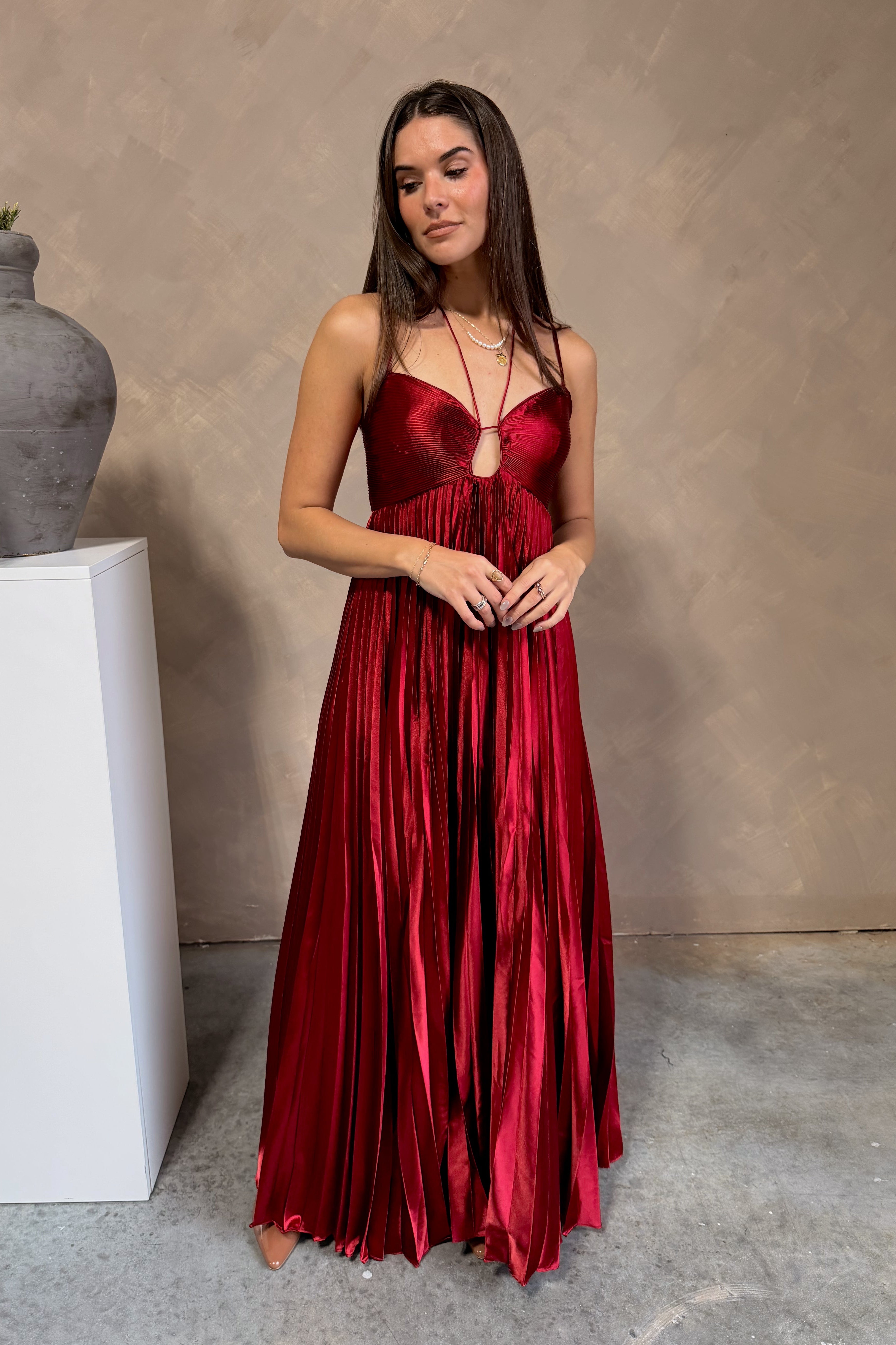 Burgundy Pleated Satin Maxi Dress | Aurora Formal Dress