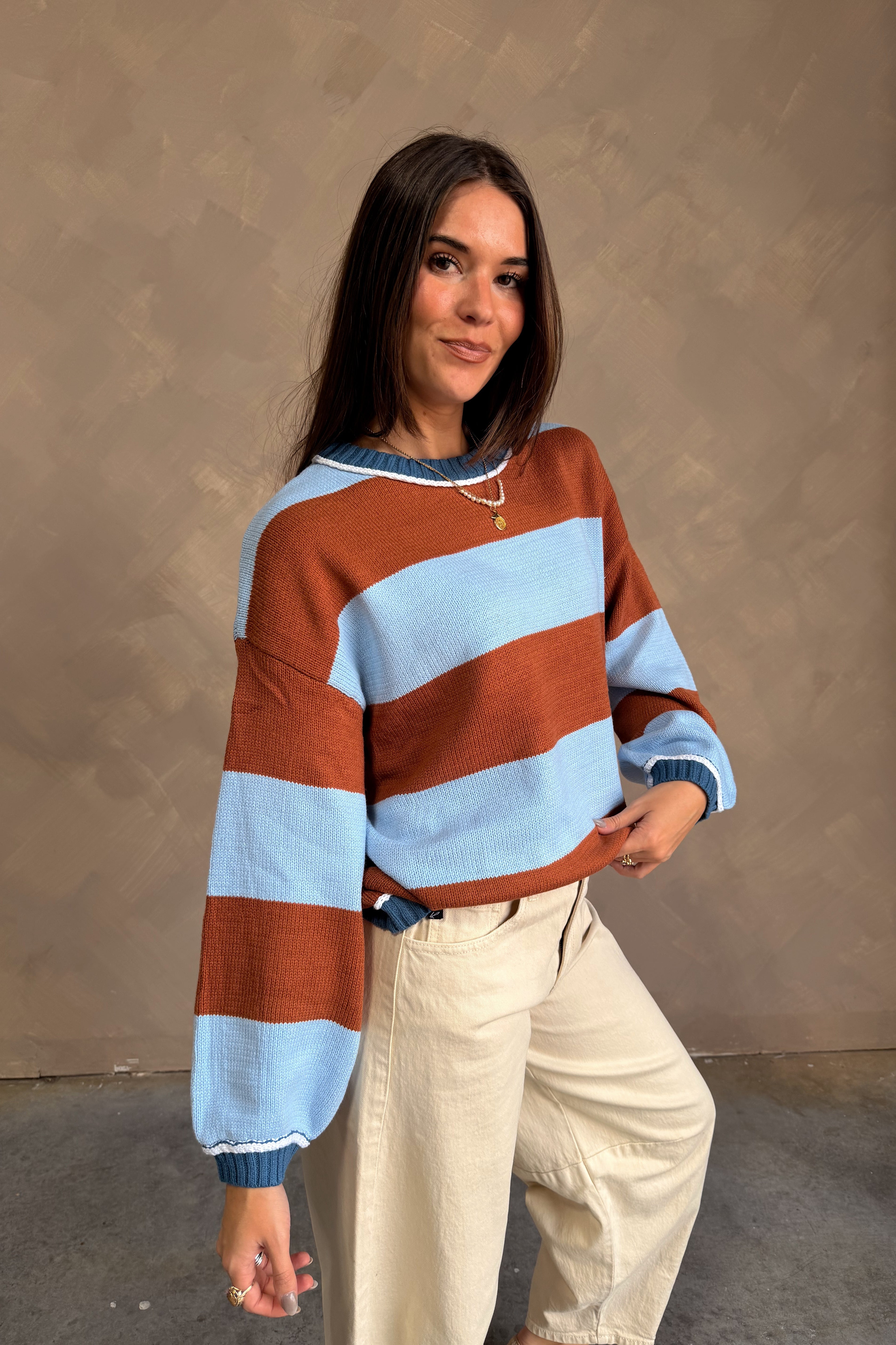 Simone Blue & Rust Striped Sweater - frontal side view