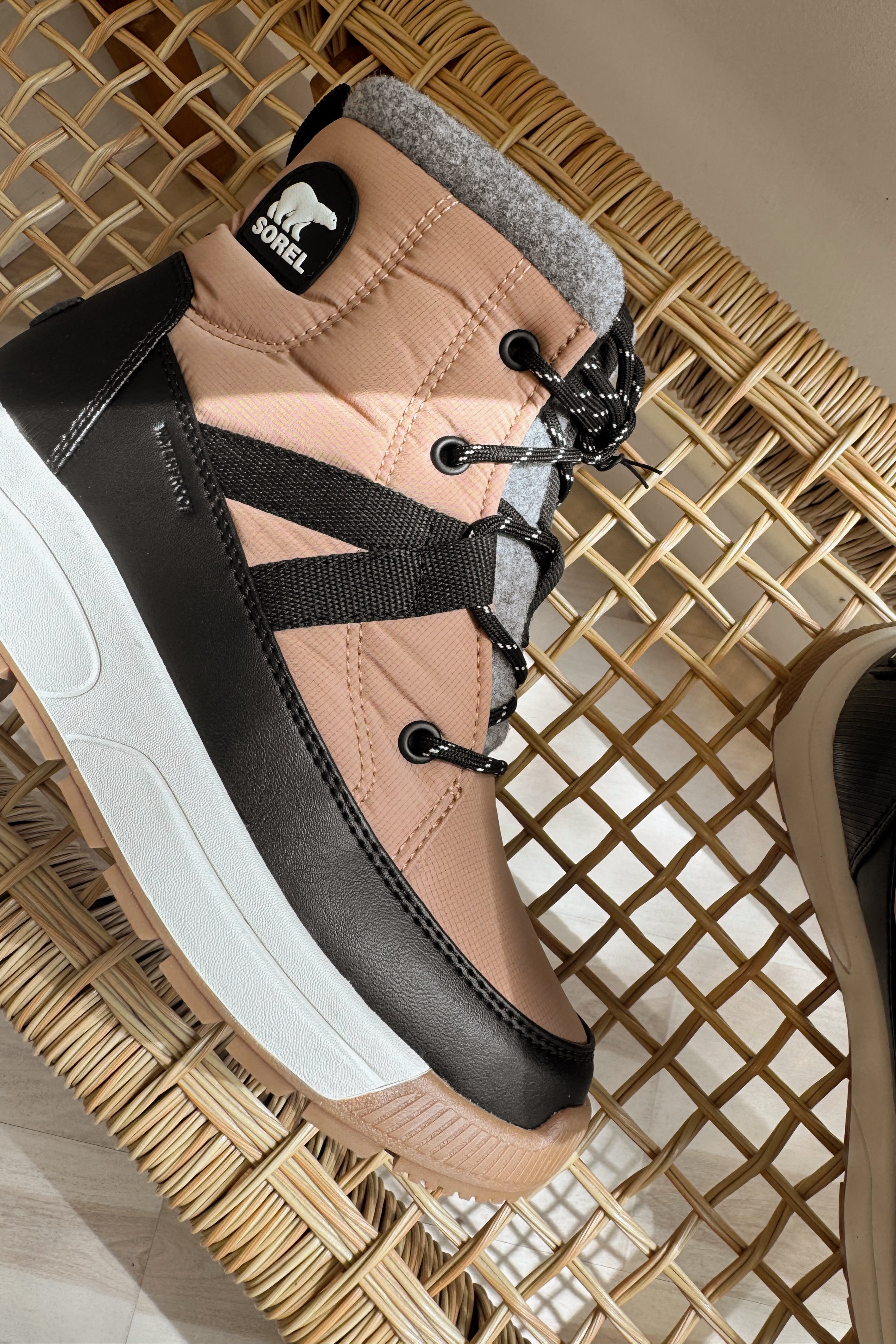 Sorel Whitney III MID Tawny Buff/Black Waterproof Boot- close up side view