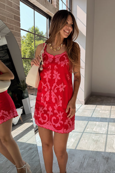 Selena Red & Pink Floral Scallop Mini Dress - Lizard Thicket