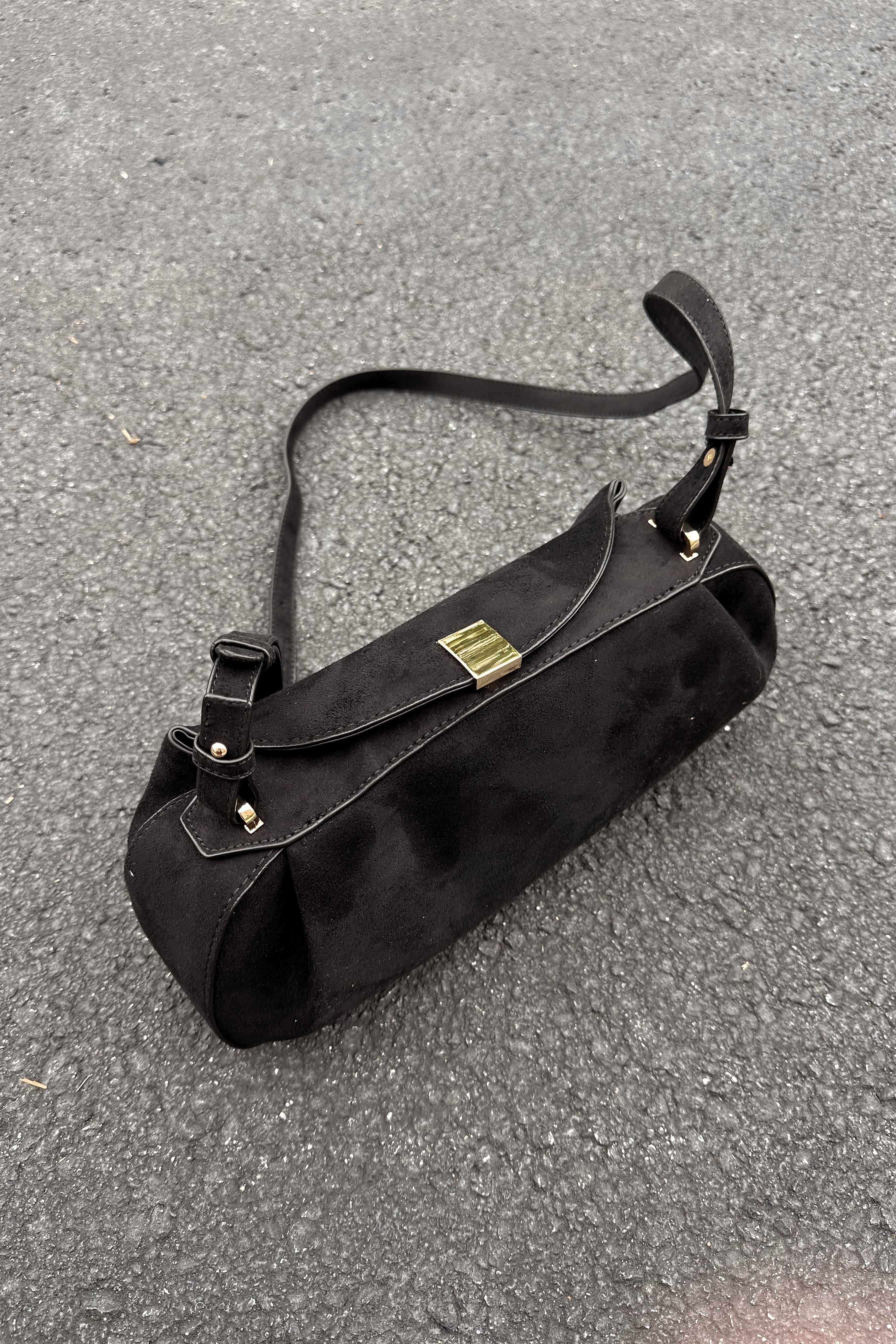 Lizzie Black Suede Shoulder Tote Purse- full view