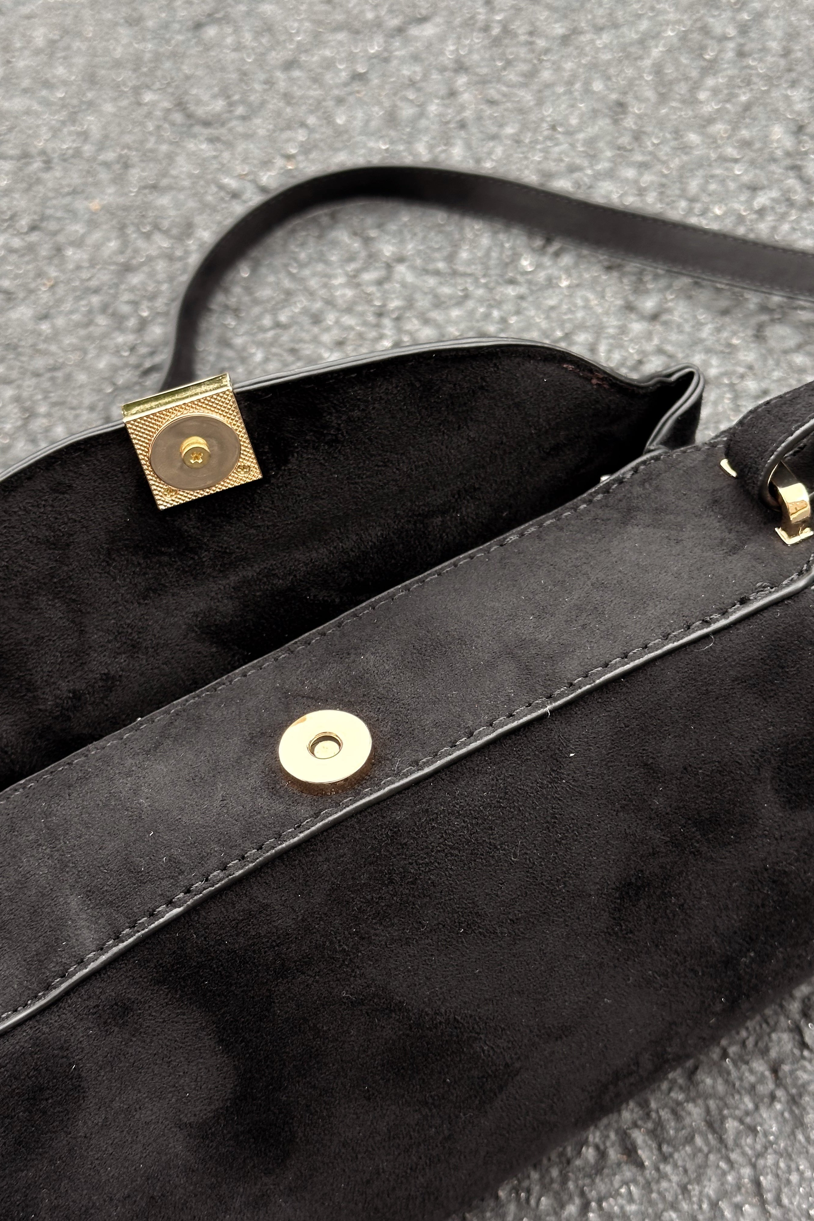 Lizzie Black Suede Shoulder Tote Purse= close up top view