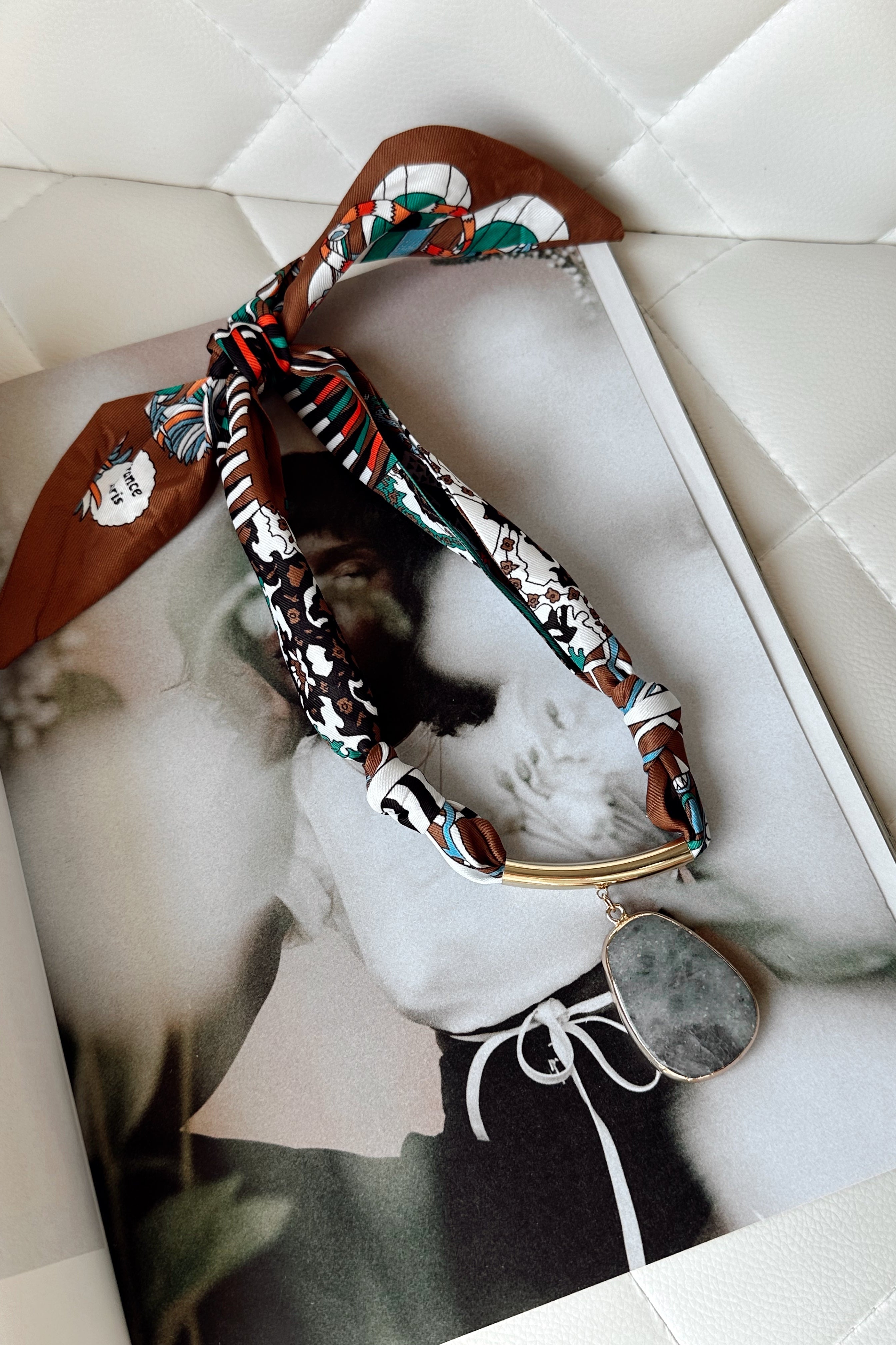 Kylah White Multi & Grey Stone Scarf Necklace- full view