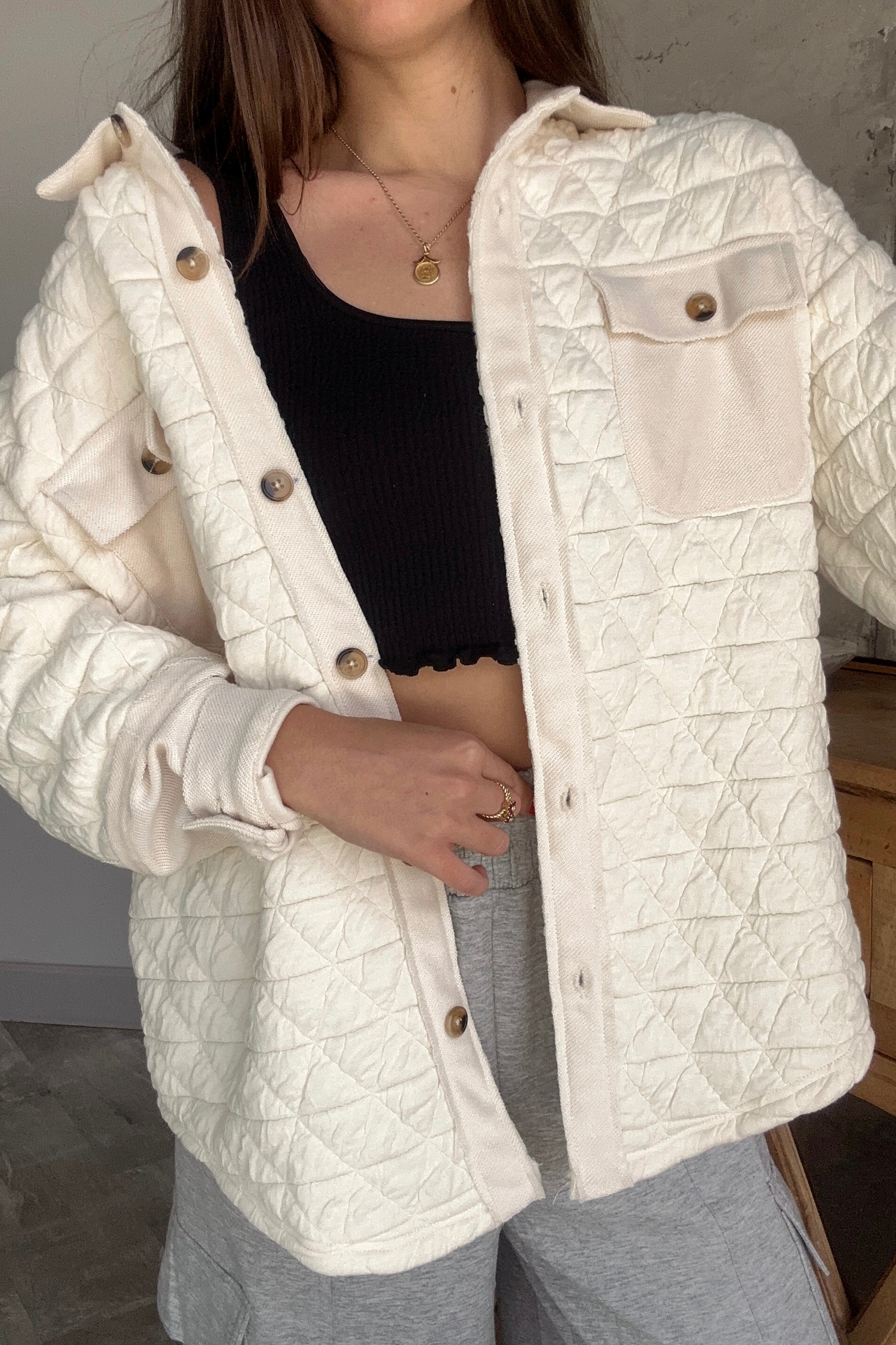 Mila Cream Quilted Button-Up Shacket- close up front view