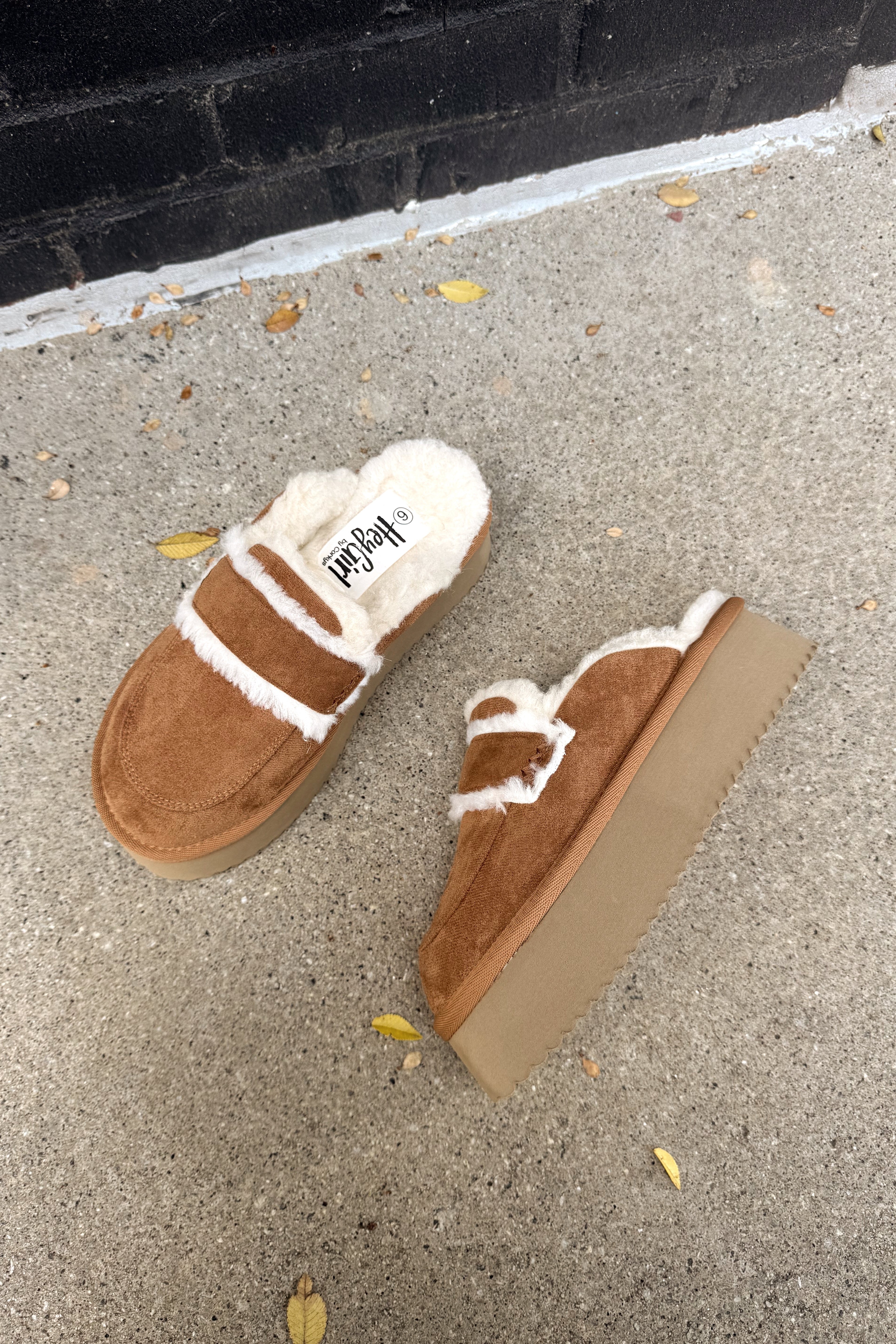 Hey Girl by Corkys Veg Out Camel Suede Platform Clog- flat lay view