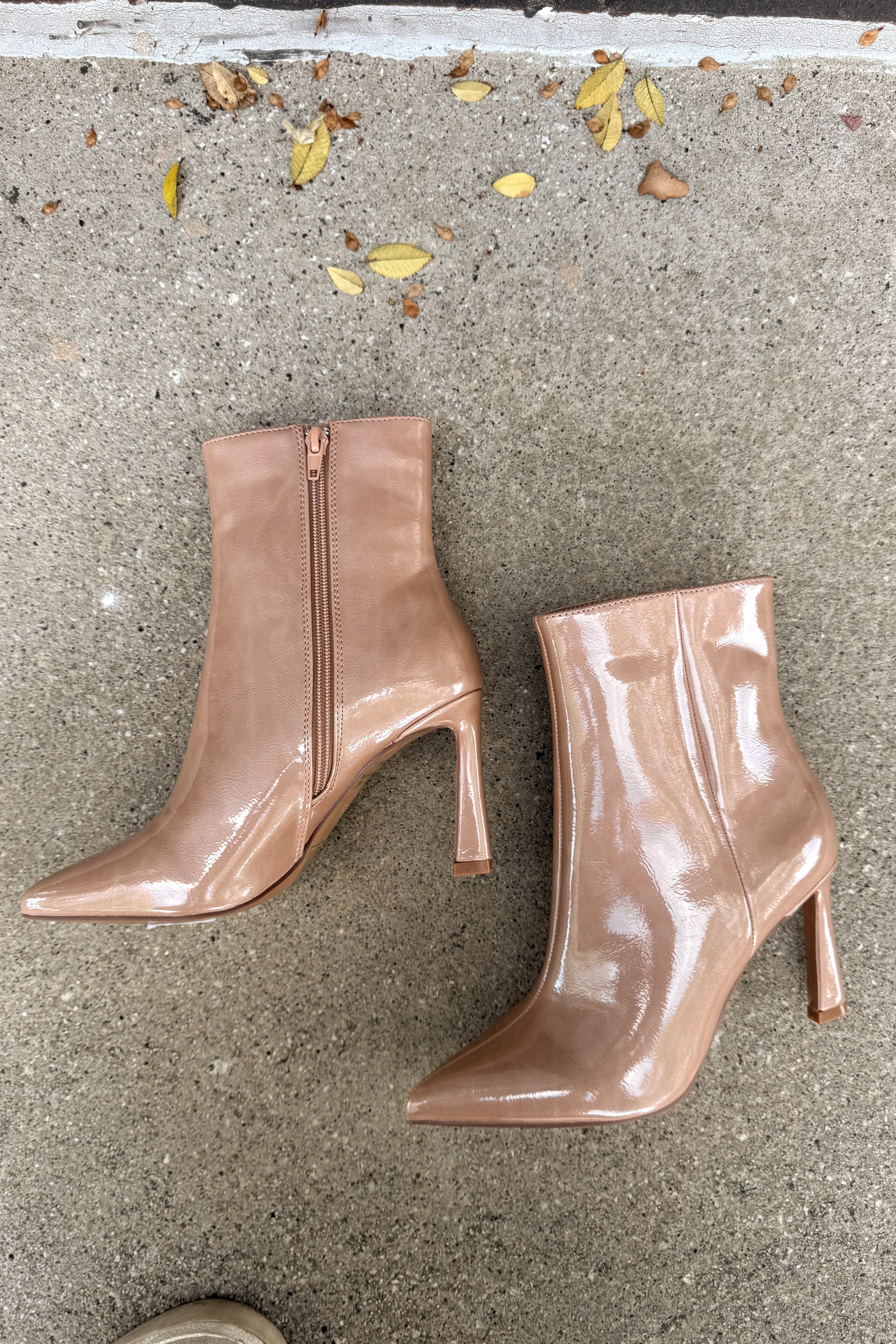 Unity Nude Glitter Heel Bootie- full flat lay side view