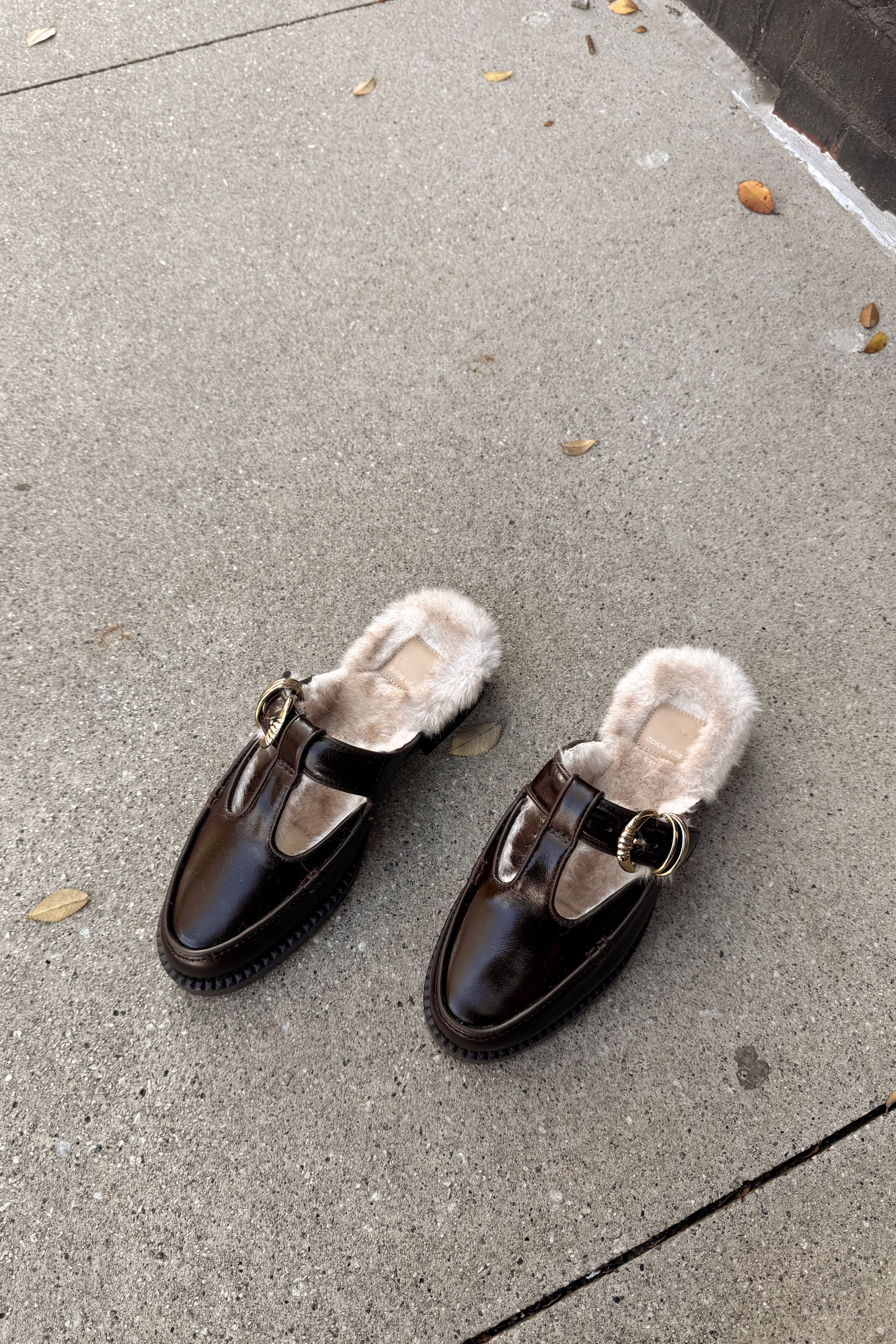 Harlah Chocolate Leather Plush Flats- top flat view