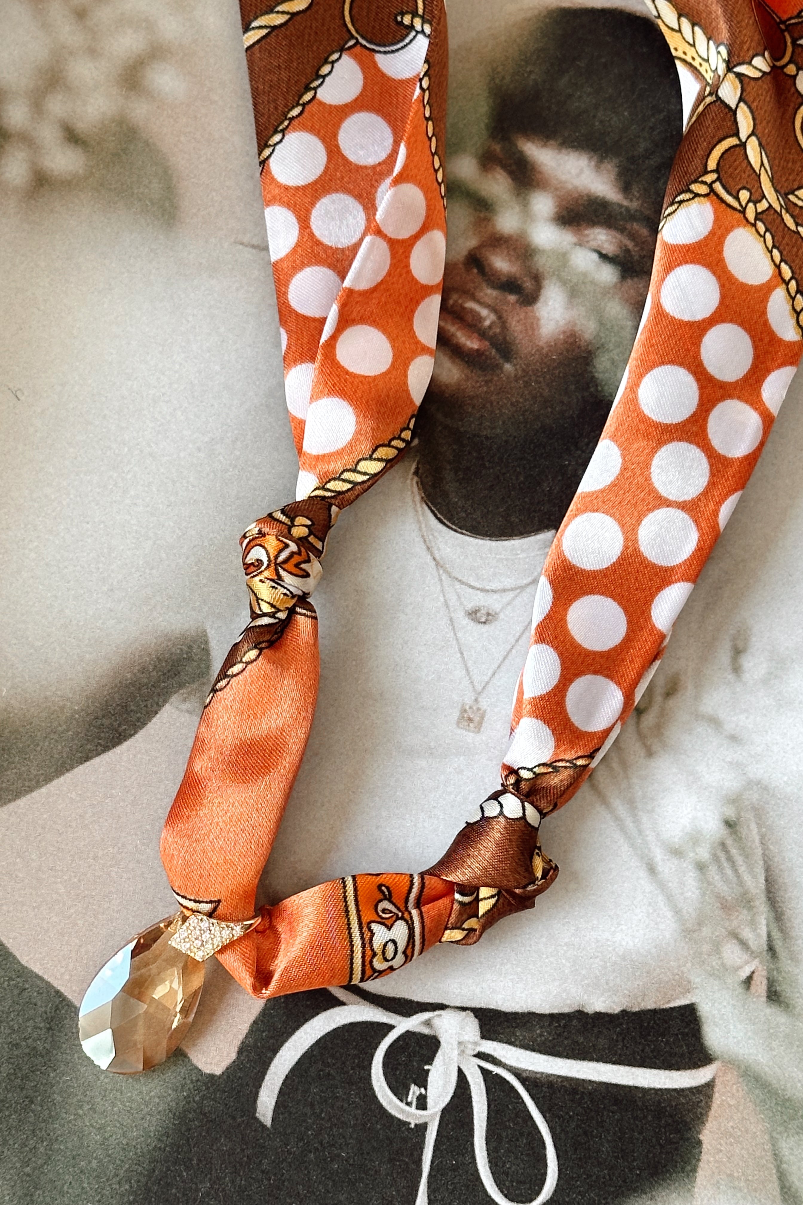 Mia Orange & Brown Multi Stone Scarf Necklace- close up stone view