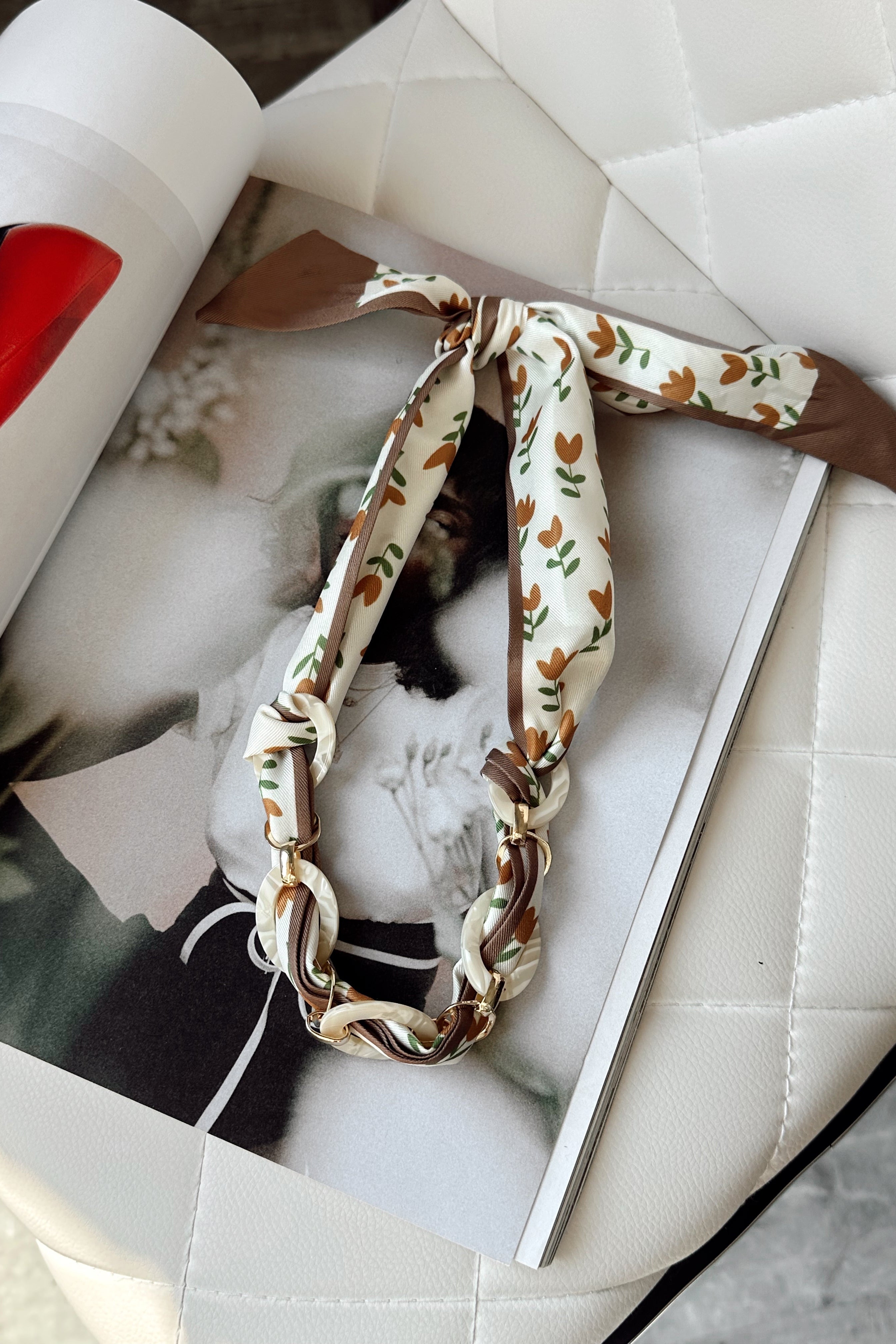 Emma Ivory Multi Floral Scarf Necklace- full view