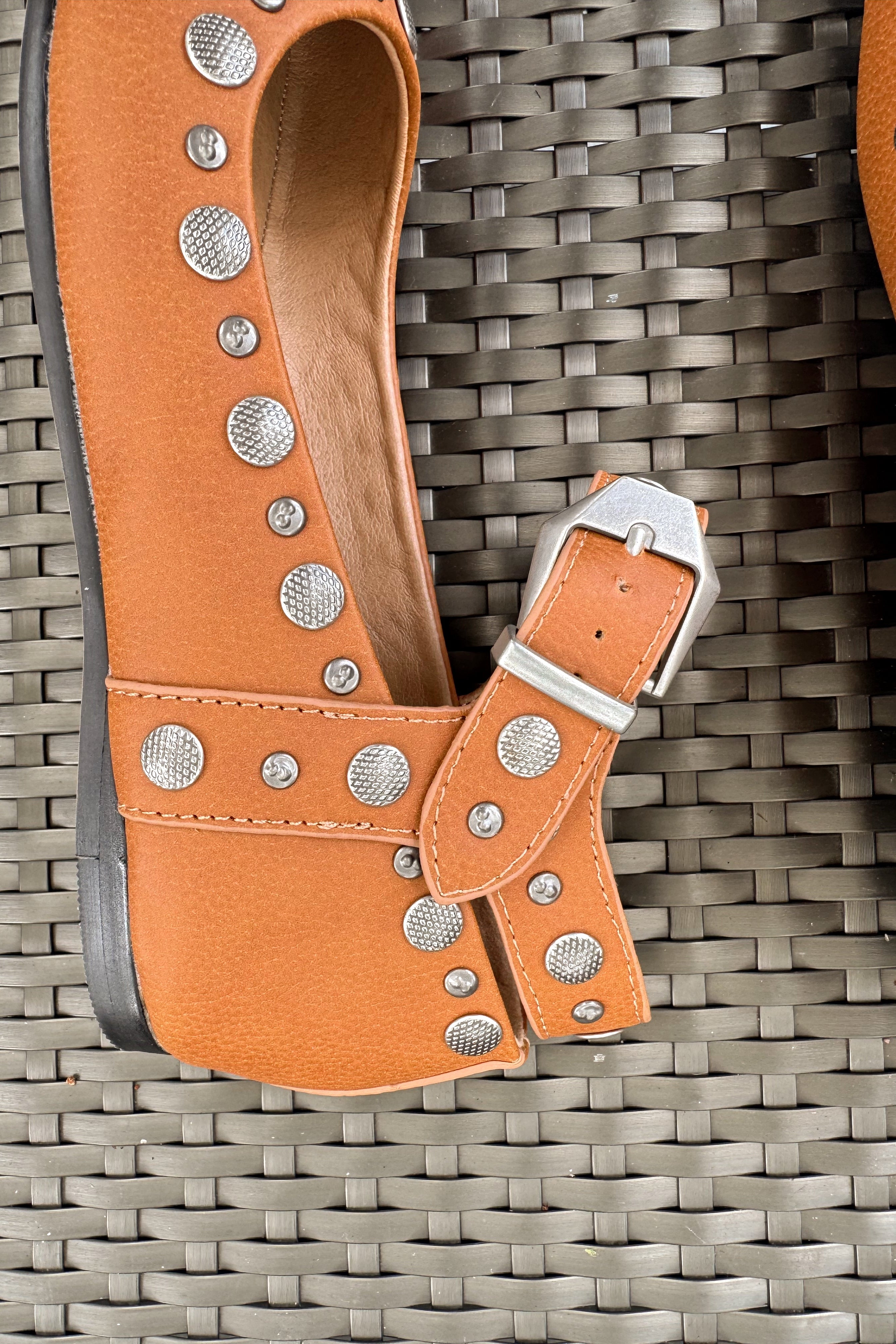 Mystic Camel Studded Ankle Strap Flat- close up ankle view
