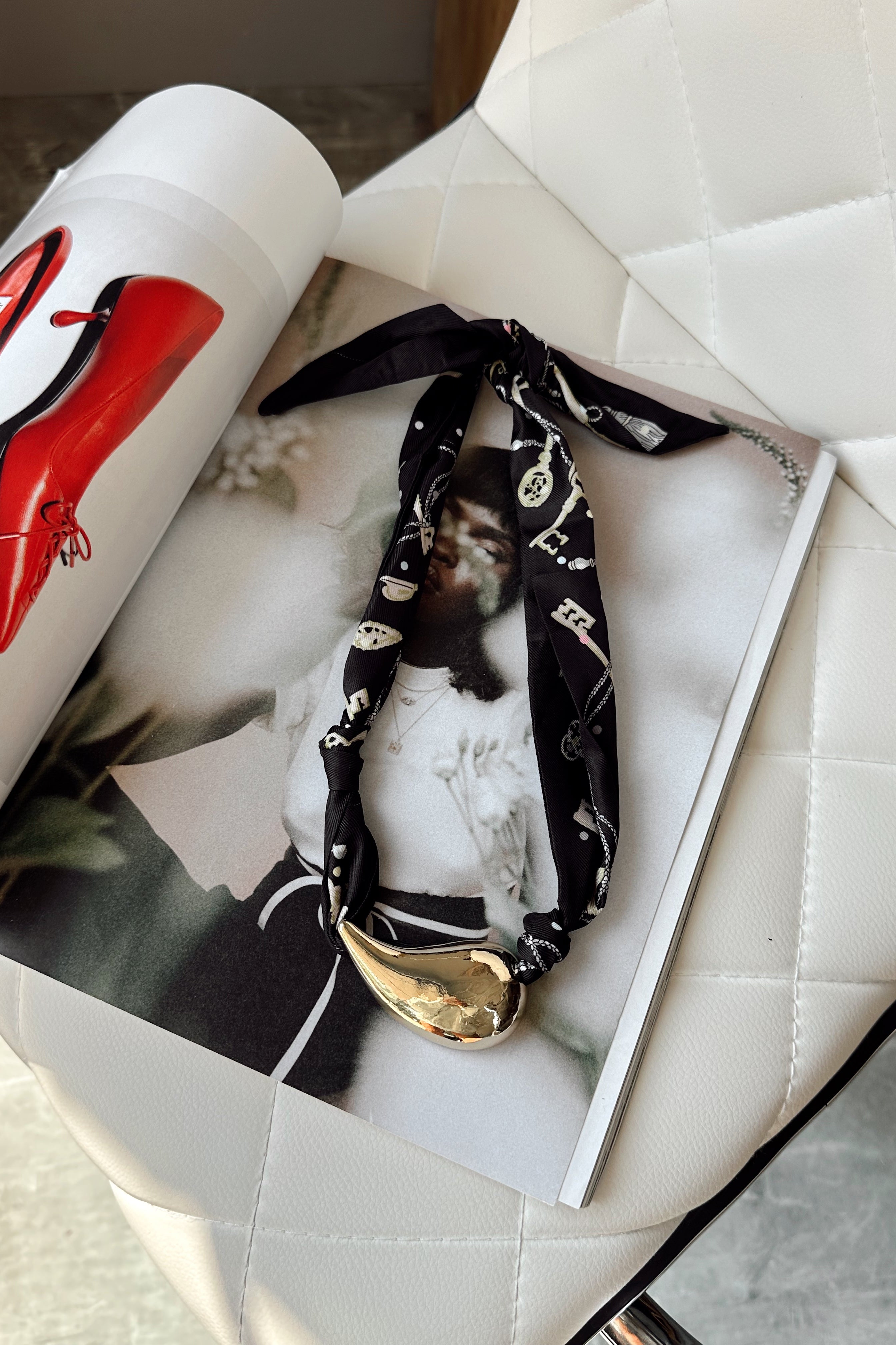 Charlotte Black & Gold Scarf Necklace- full view
