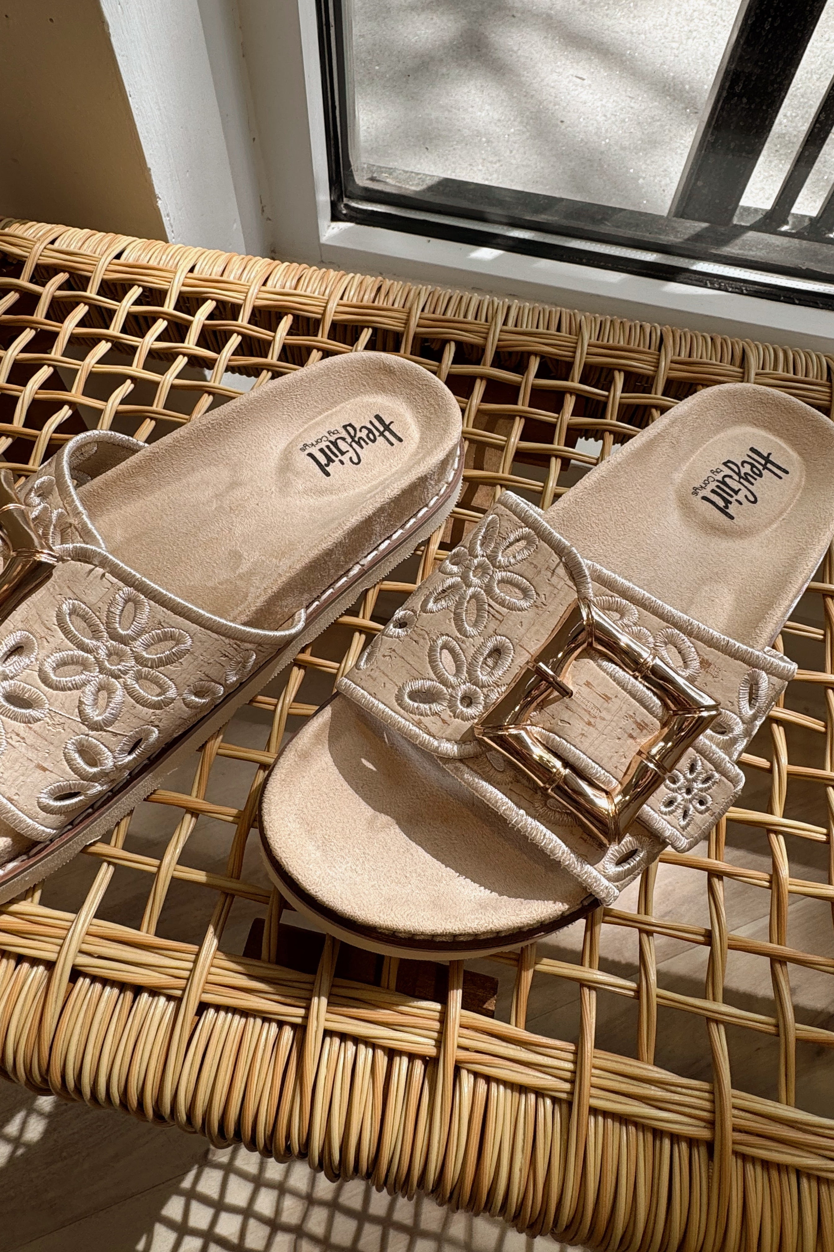 Hey Girl by Corkys Slide in My DM Natural Sandal- close up left side view