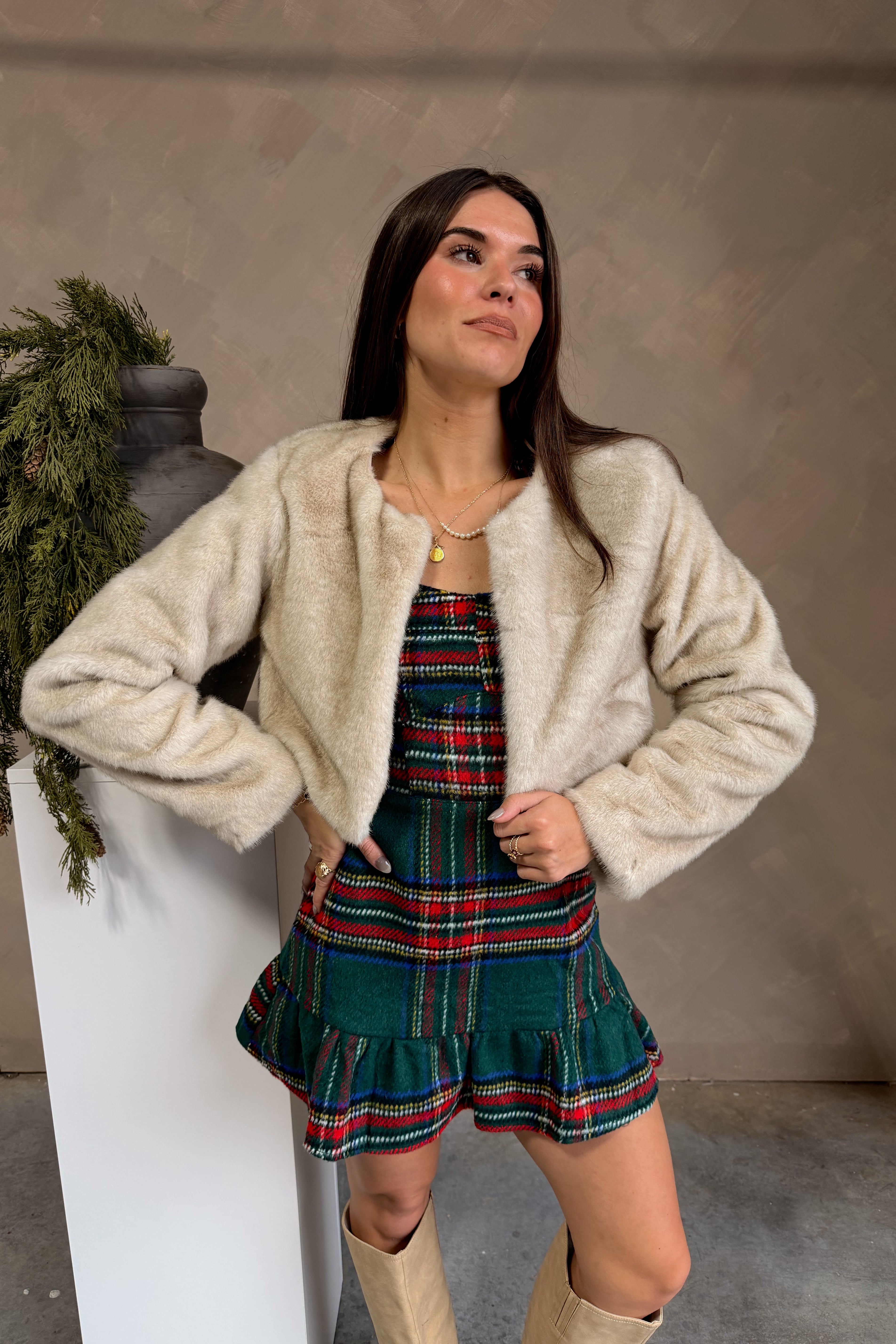 Arabella Ivory Faux Fur Cropped Jacket - front 