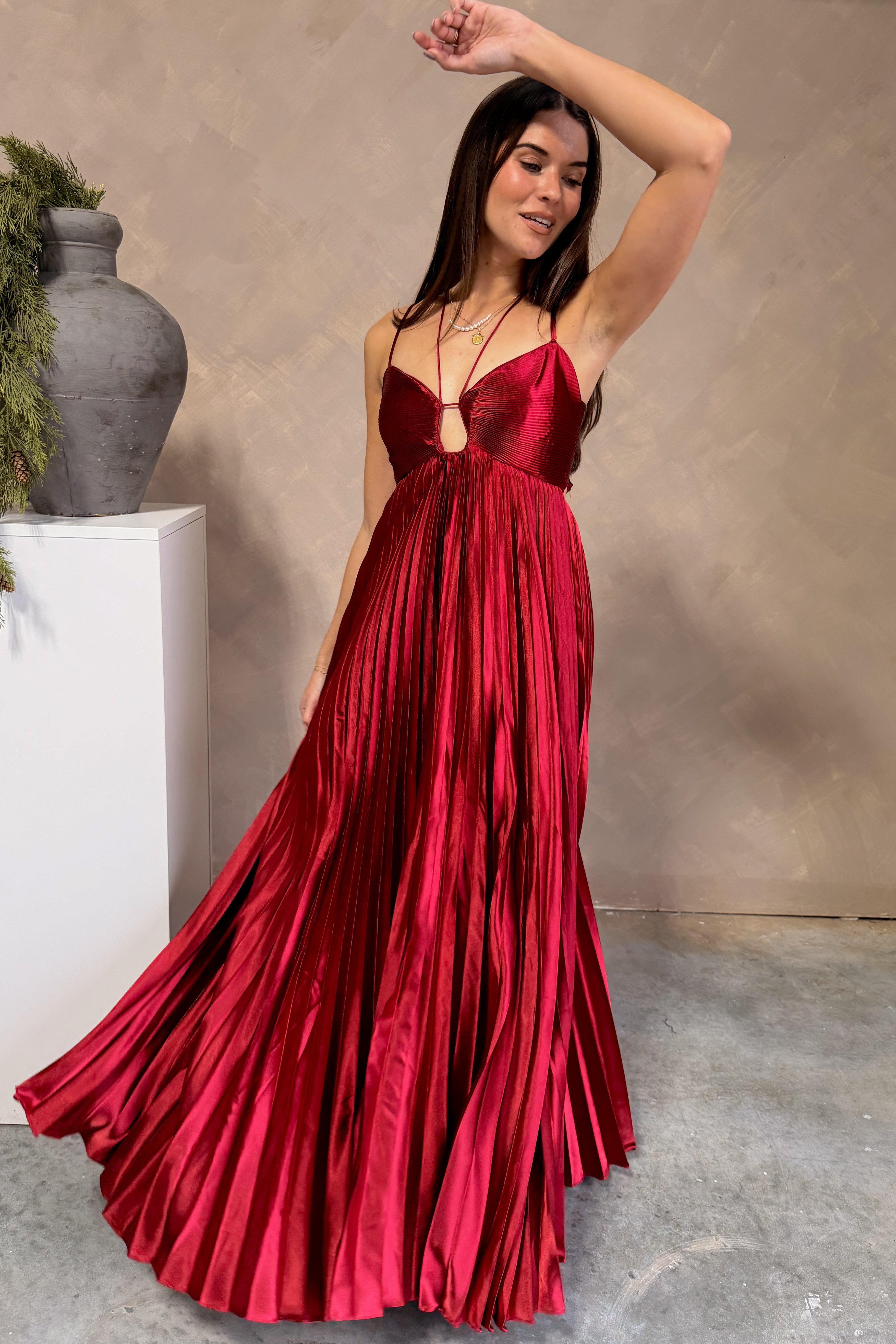Burgundy Pleated Satin Maxi Dress | Aurora Formal Dress