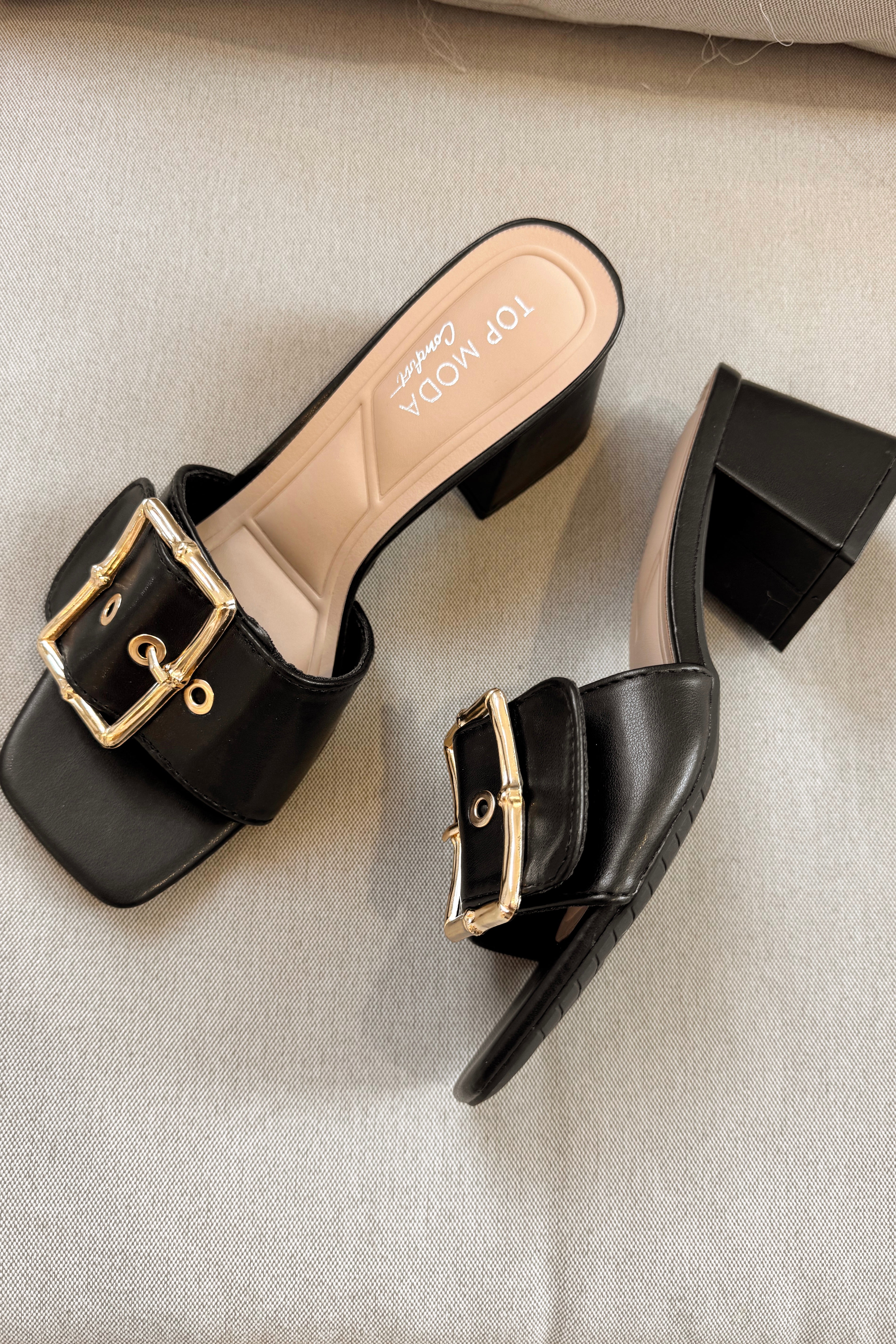 Bamboo Gold & Black Slide On Heel- ariel view