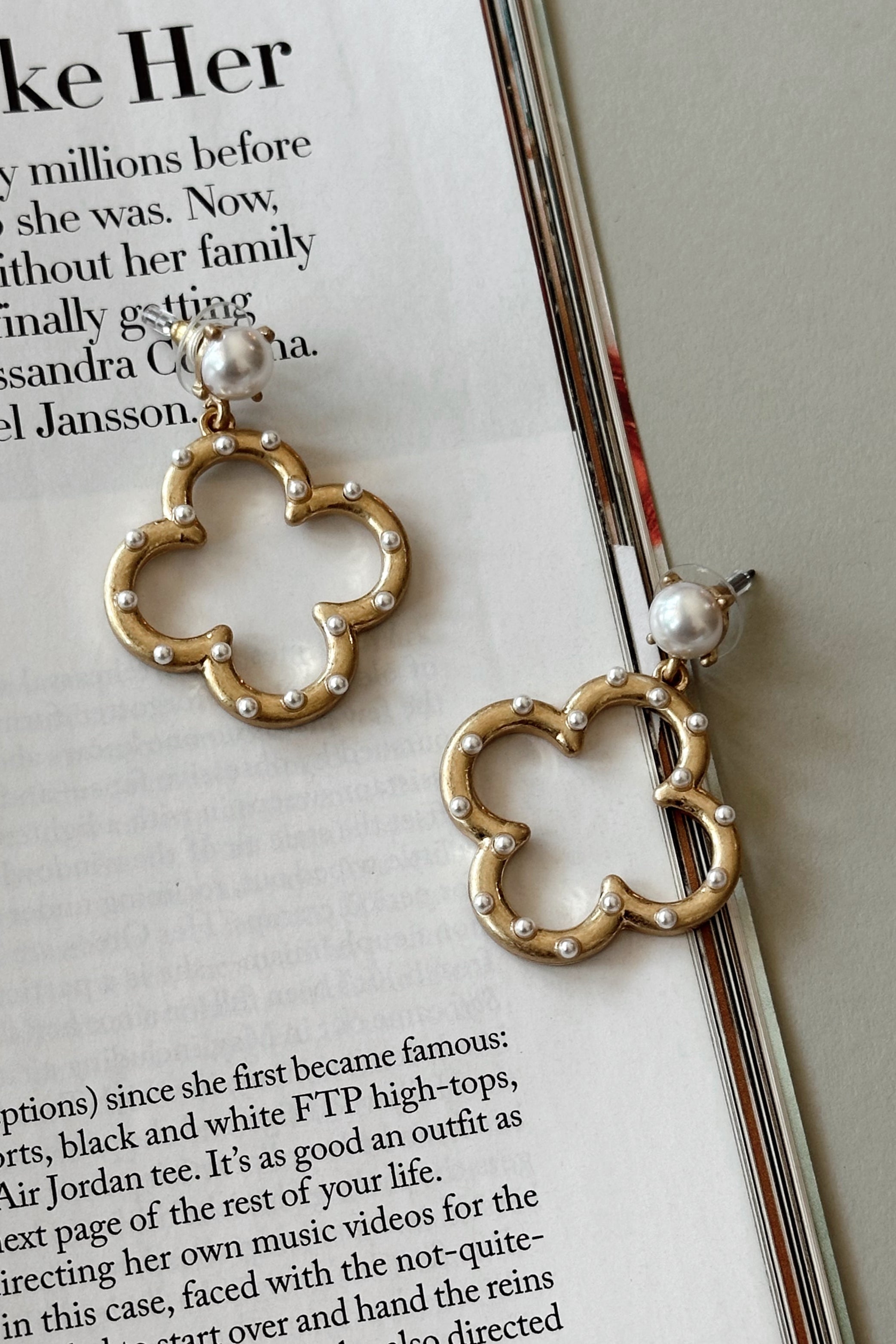 Misha Gold & Pearl Clover Earrings- flat lay close up