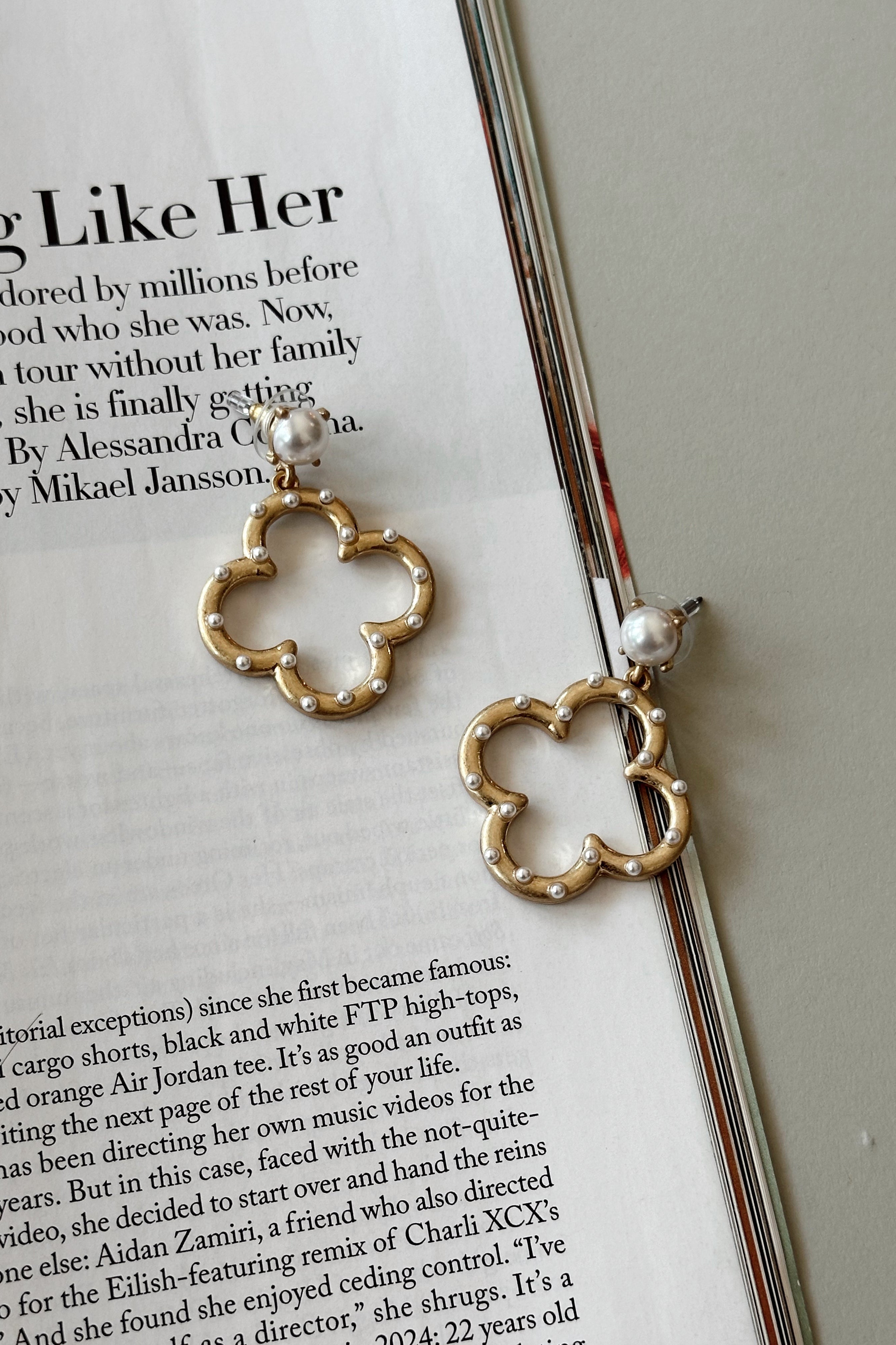Misha Gold & Pearl Clover Earrings- flat lay