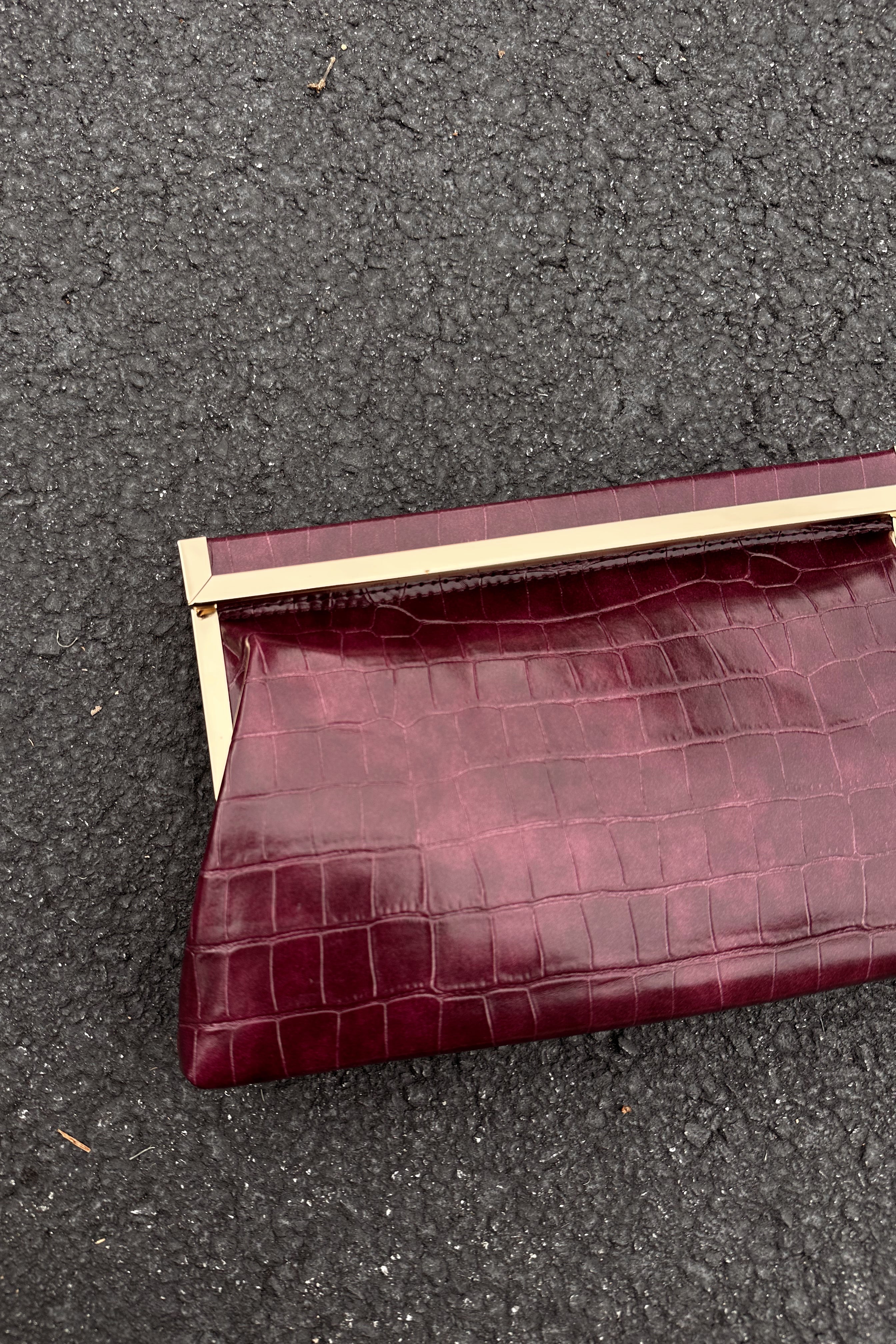 Drea Wine Croc & Gold Clutch Purse- close up side view