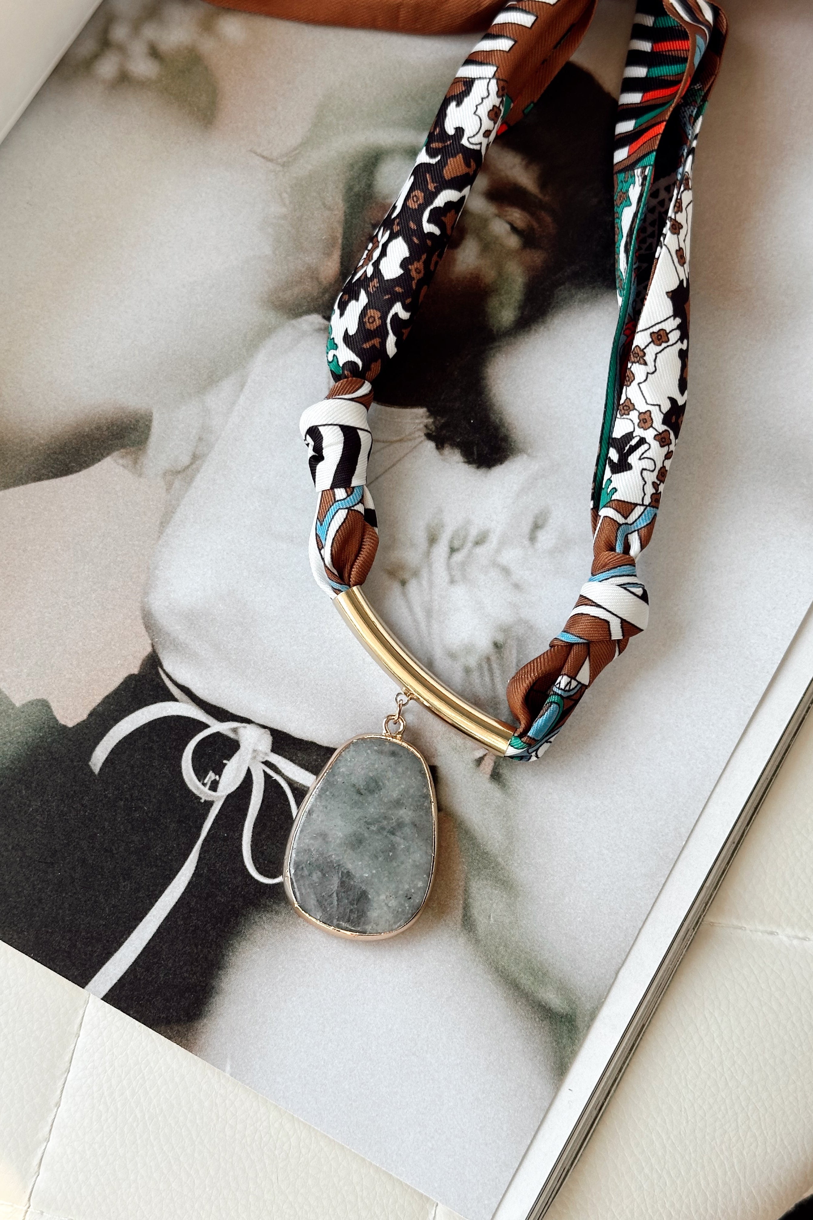 Kylah White Multi & Grey Stone Scarf Necklace- close up top view