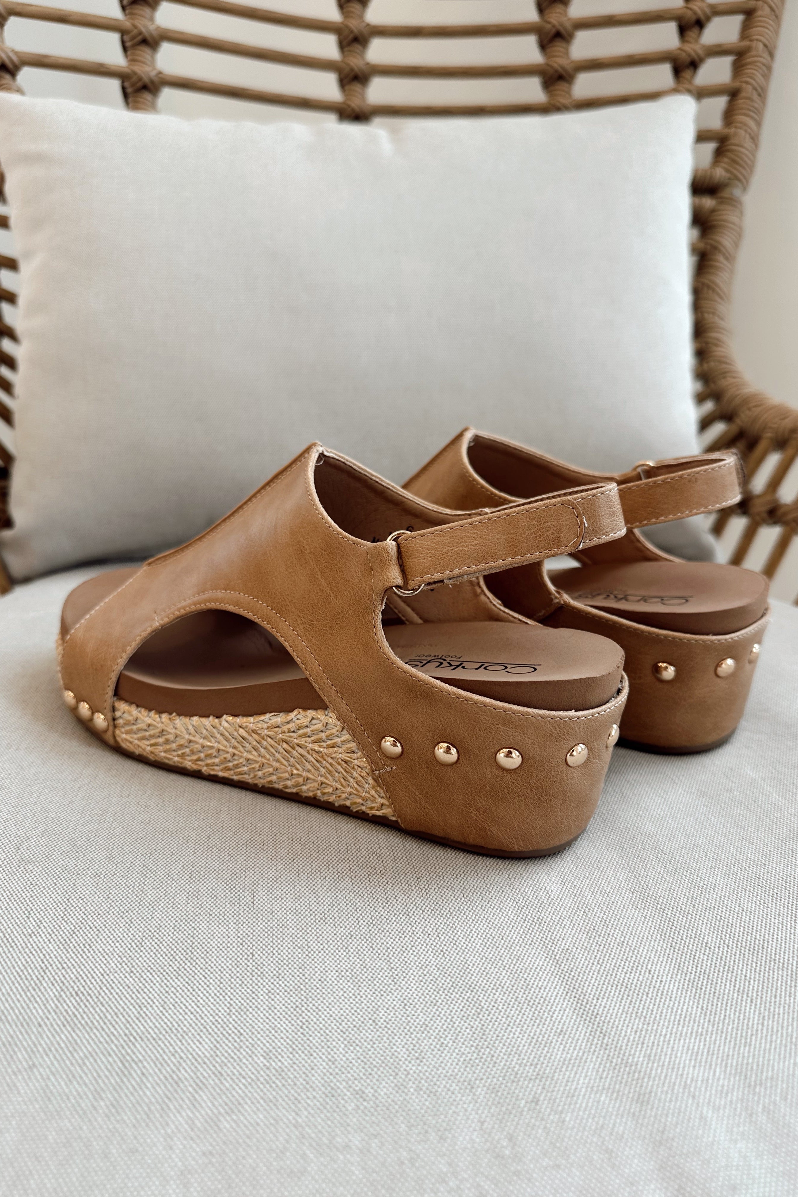 Volta II Caramel Combo Wedge Sandal- left back side angle view