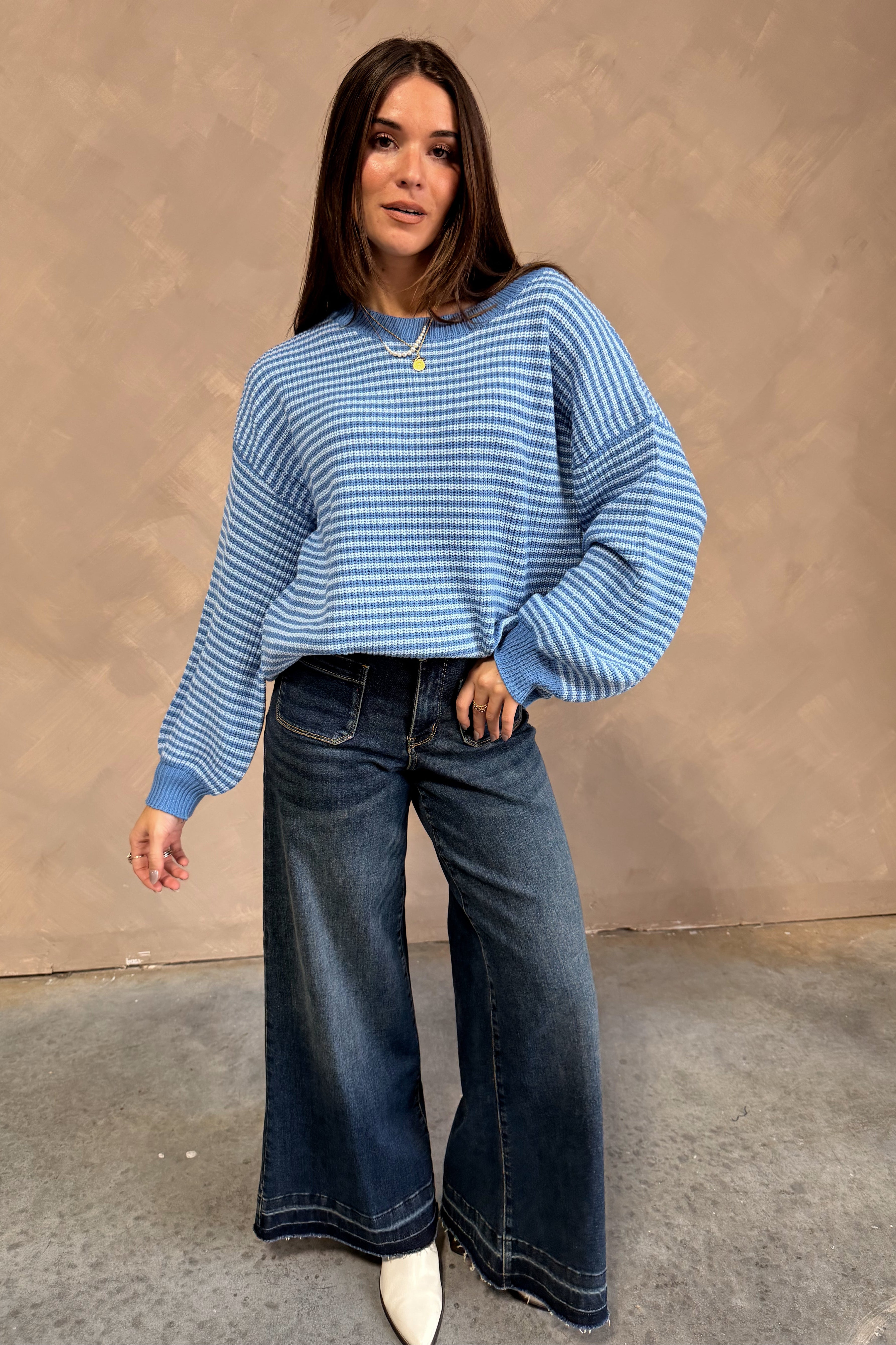 Benson Blue Striped Sweater - full fornt view