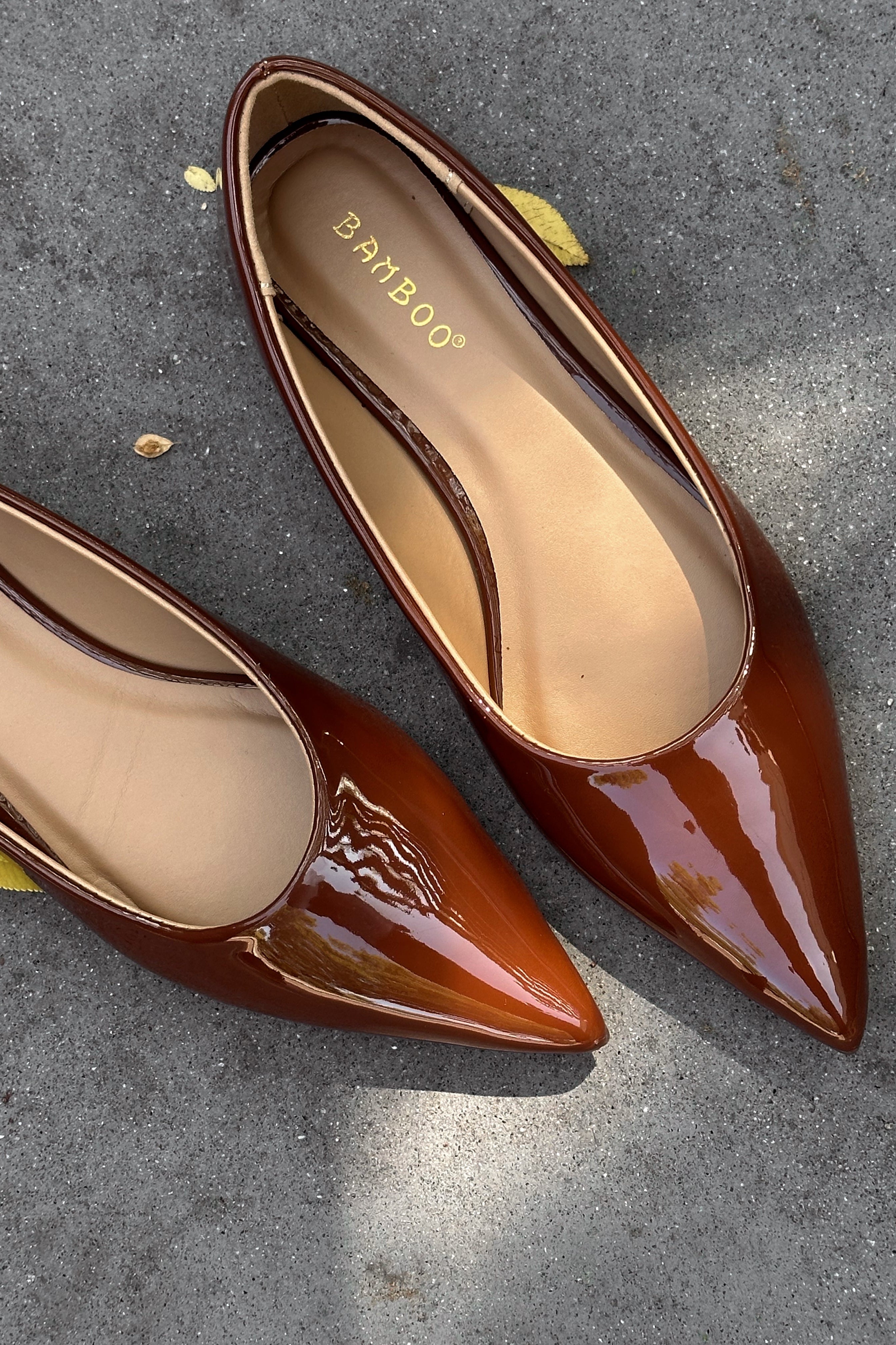 Rational Brown Patent Leather Pointed Toe Flats- close up view