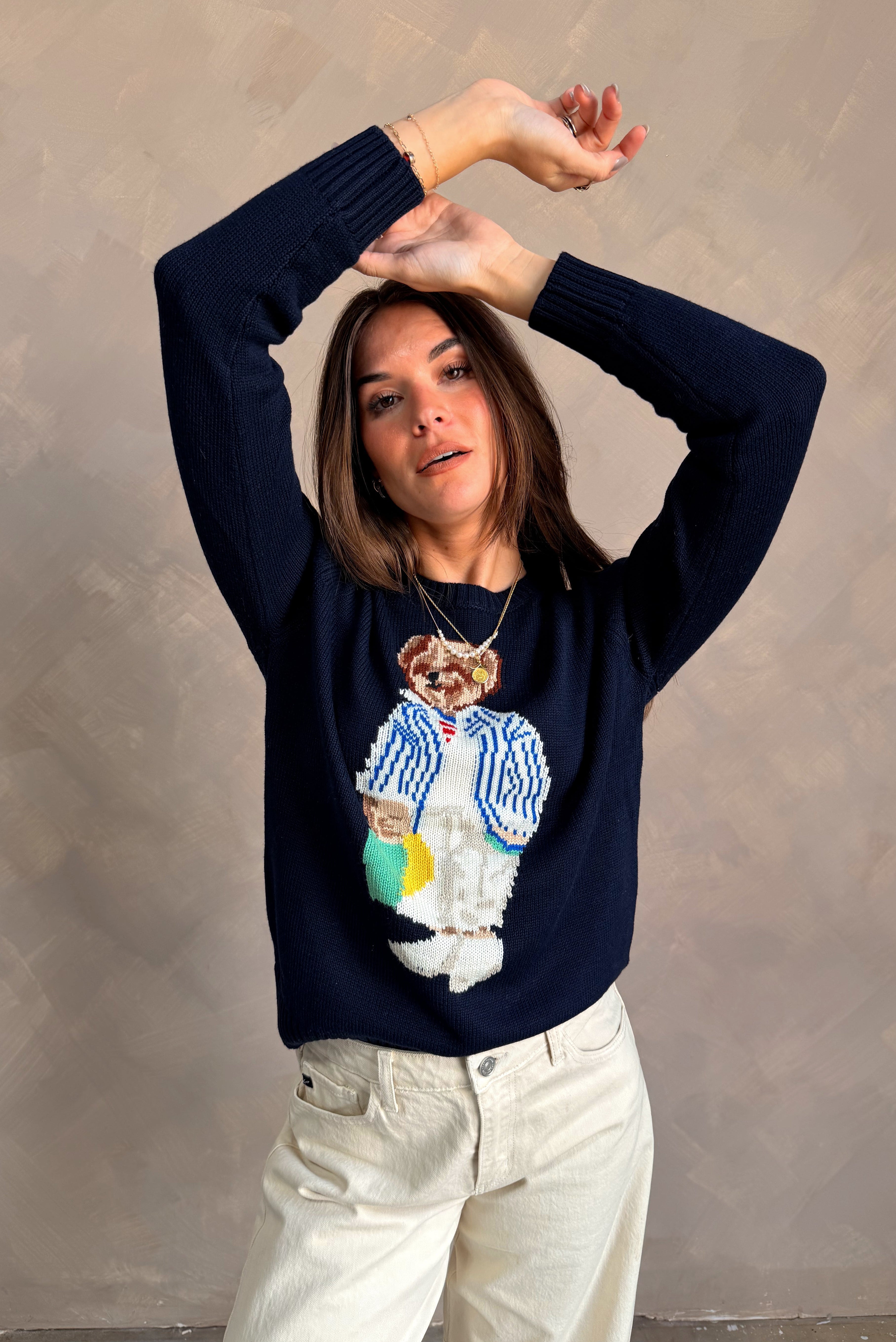 Julia Navy Teddy Bear Sweater- front view