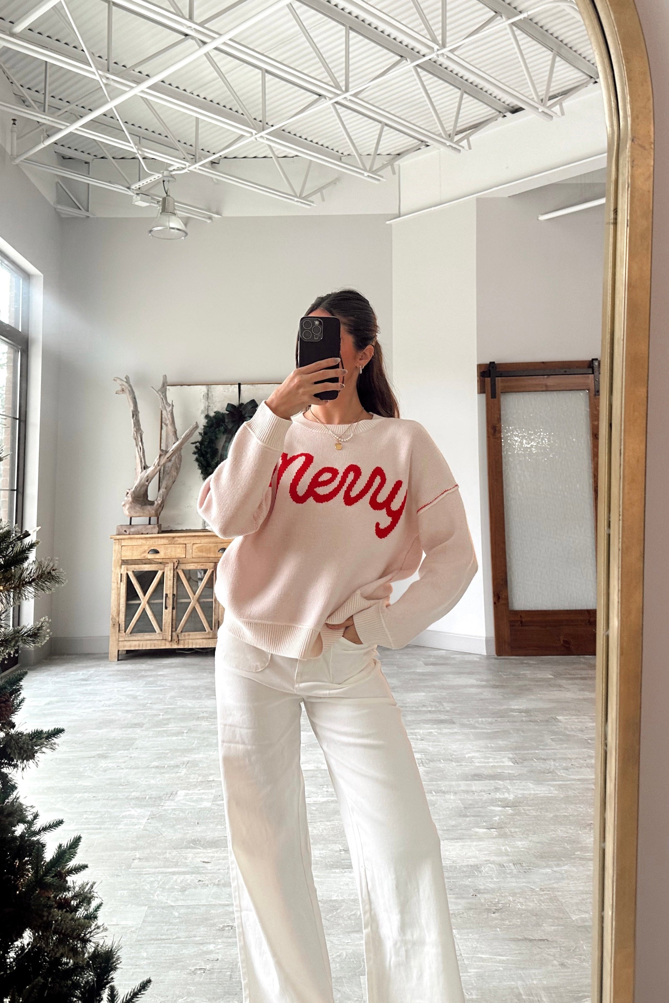 Merry Cream & Red Sweater - full front view