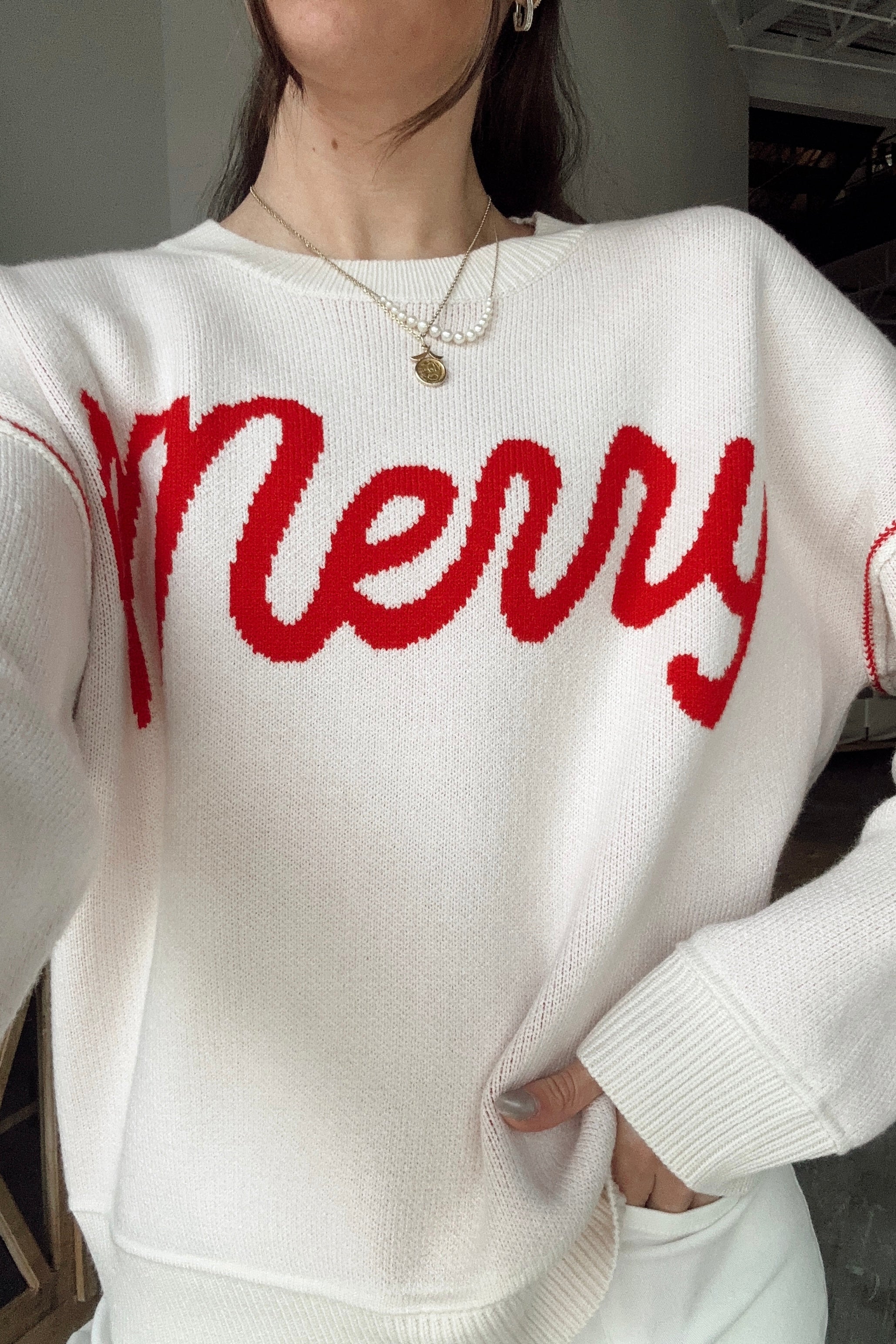 Merry Cream & Red Sweater - close front view