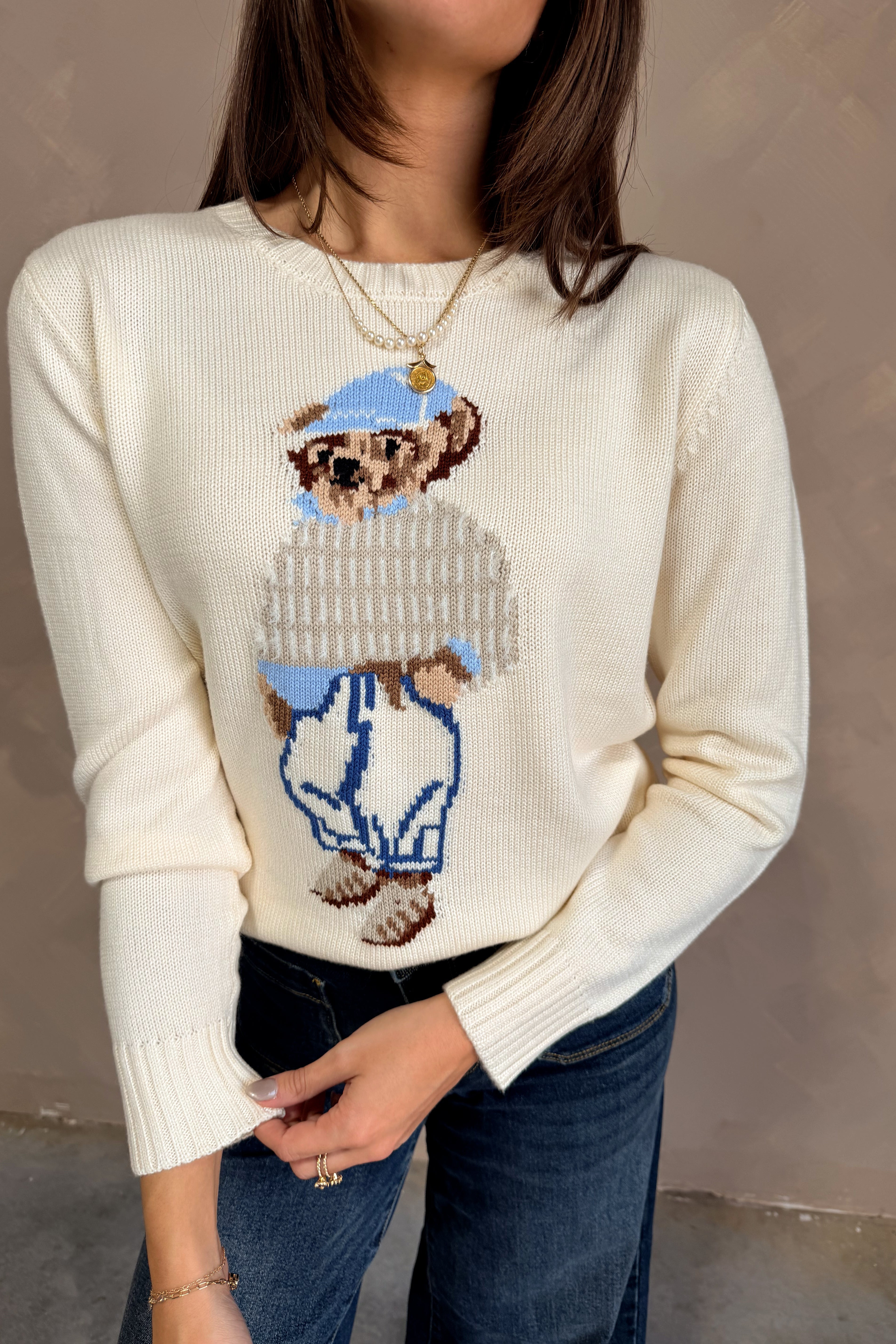 Tegan Ivory Teddy Bear Sweater - close front view