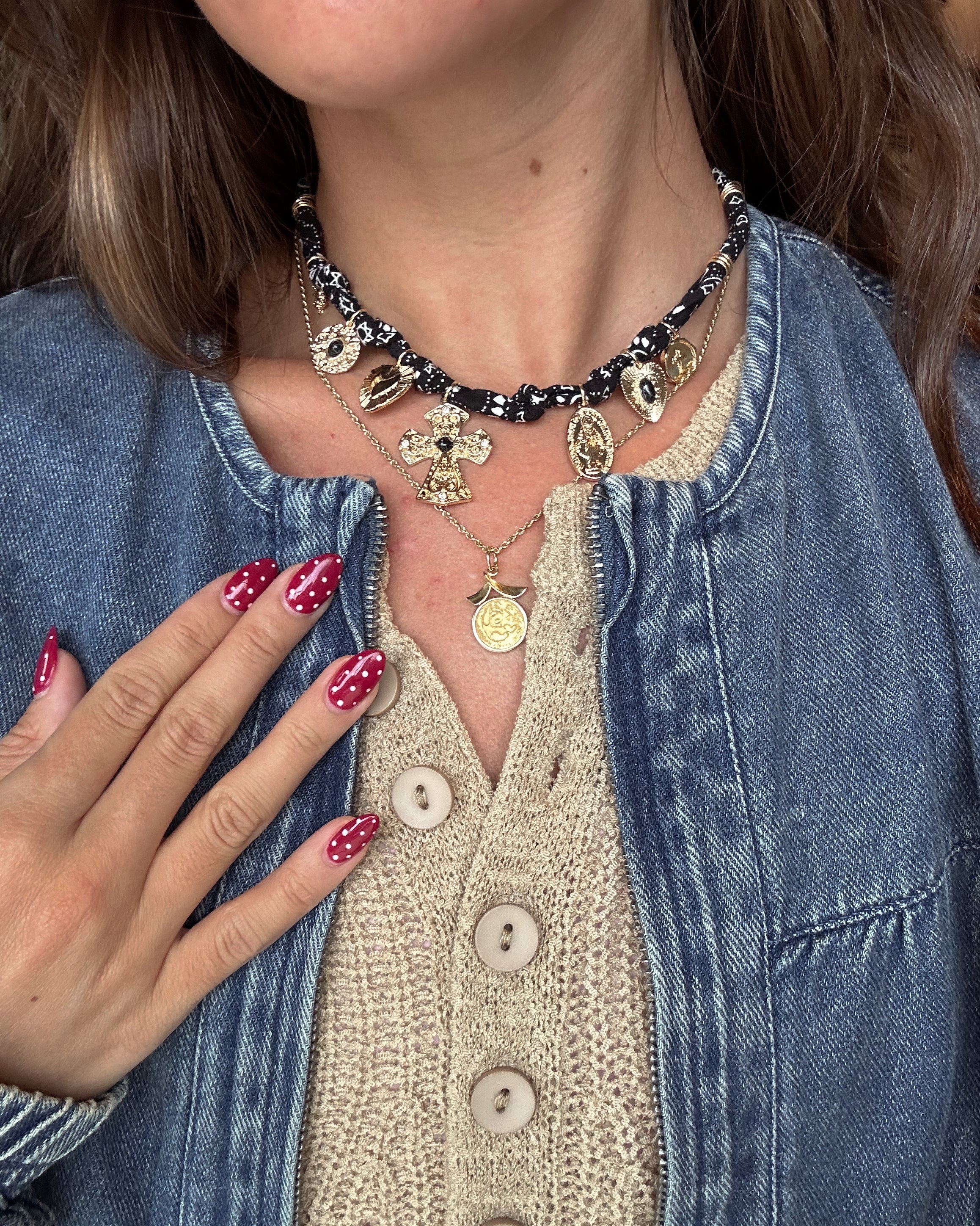 Taryn Black Western Scarf & Charms Necklace- close up view