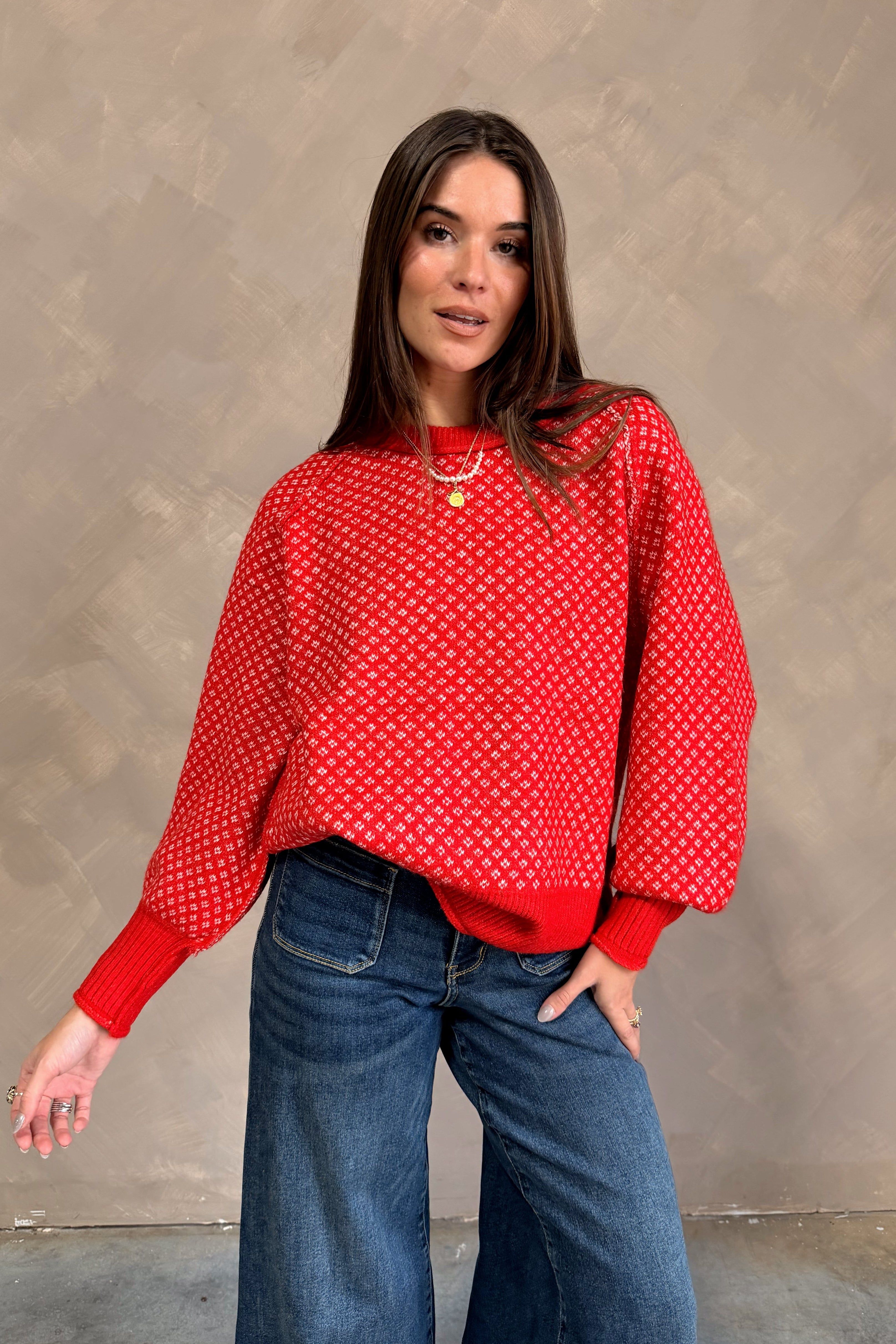 Red Tezza Red & White Sweater | Nila Diamond Pattern Top - Lizard Thicket