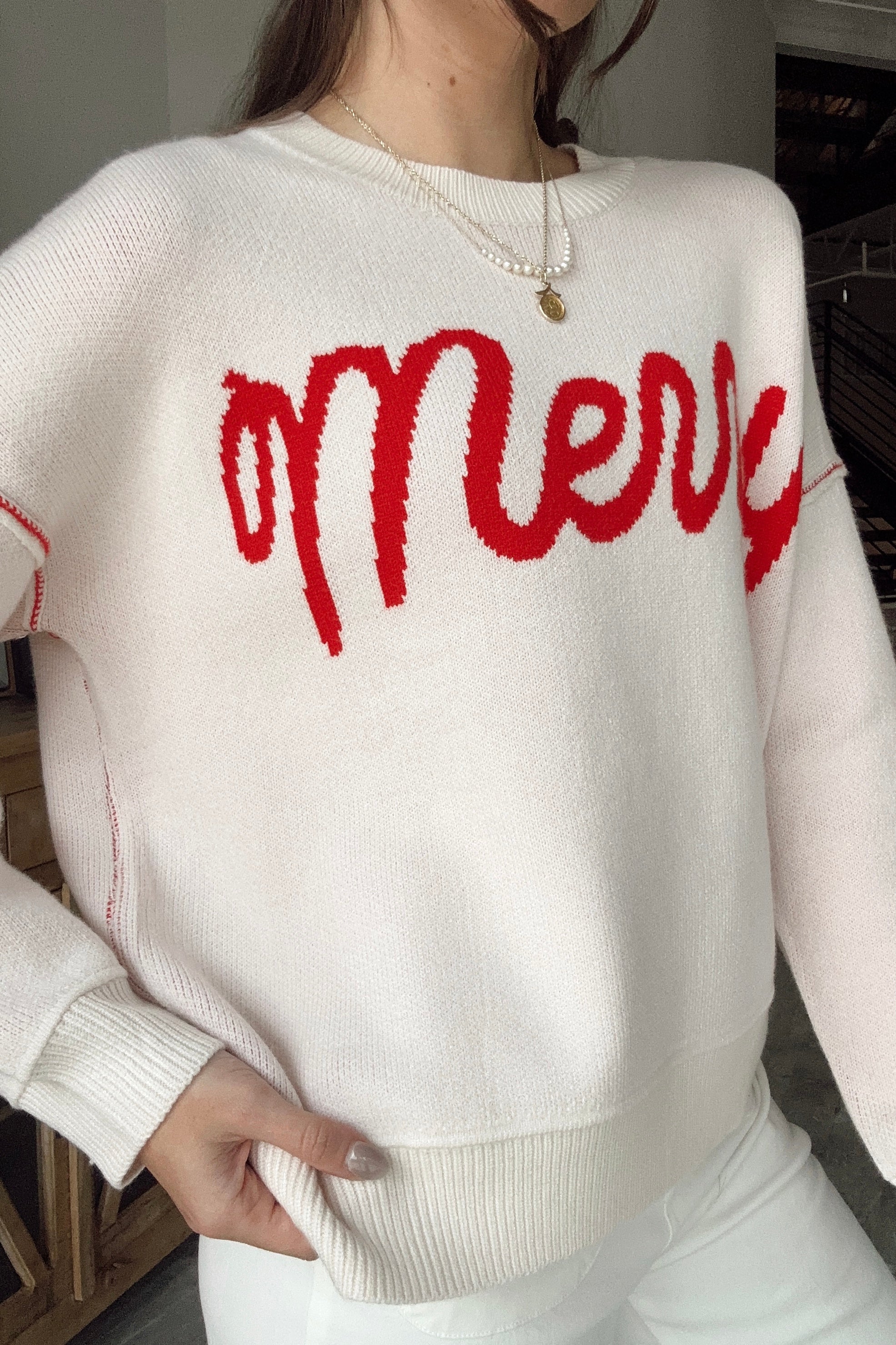 Merry Cream & Red Sweater - frontal side view