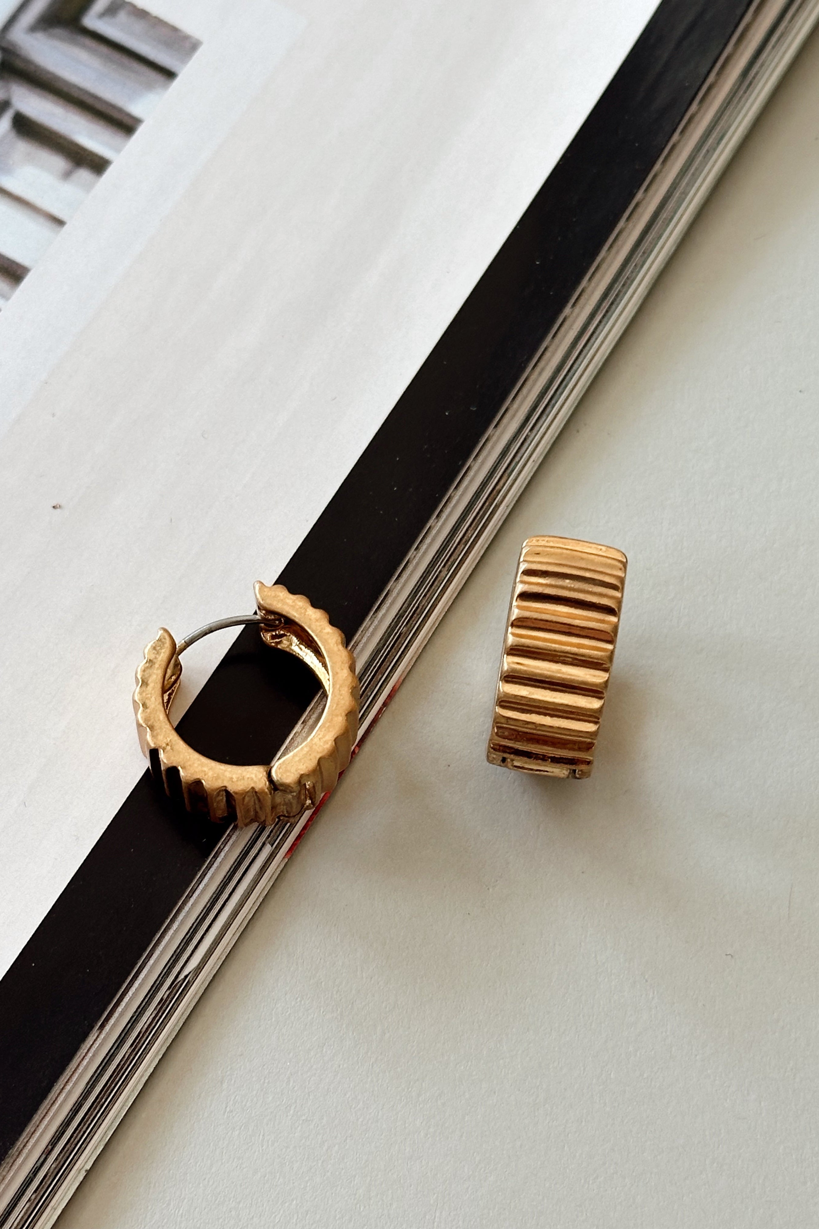 Leah Gold Ribbed Hoop Earrings - flat lay close up