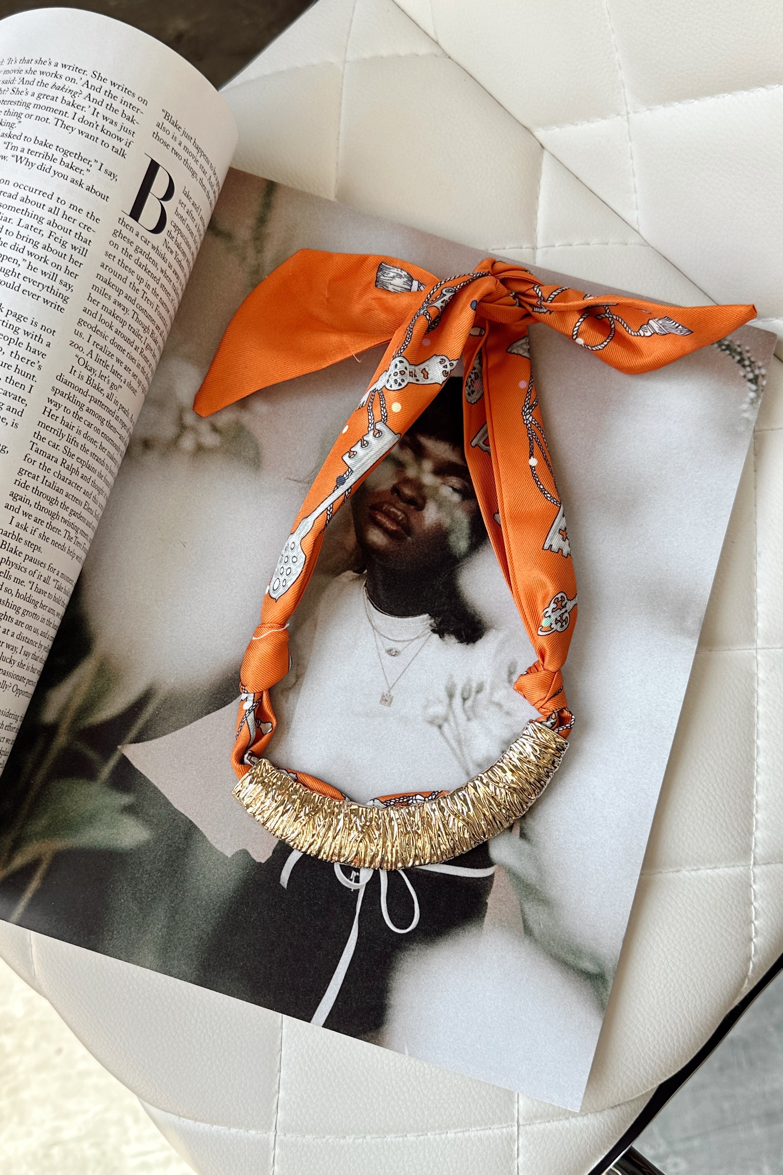 Patricia Orange Multi & Gold Bar Scarf Necklace- full view