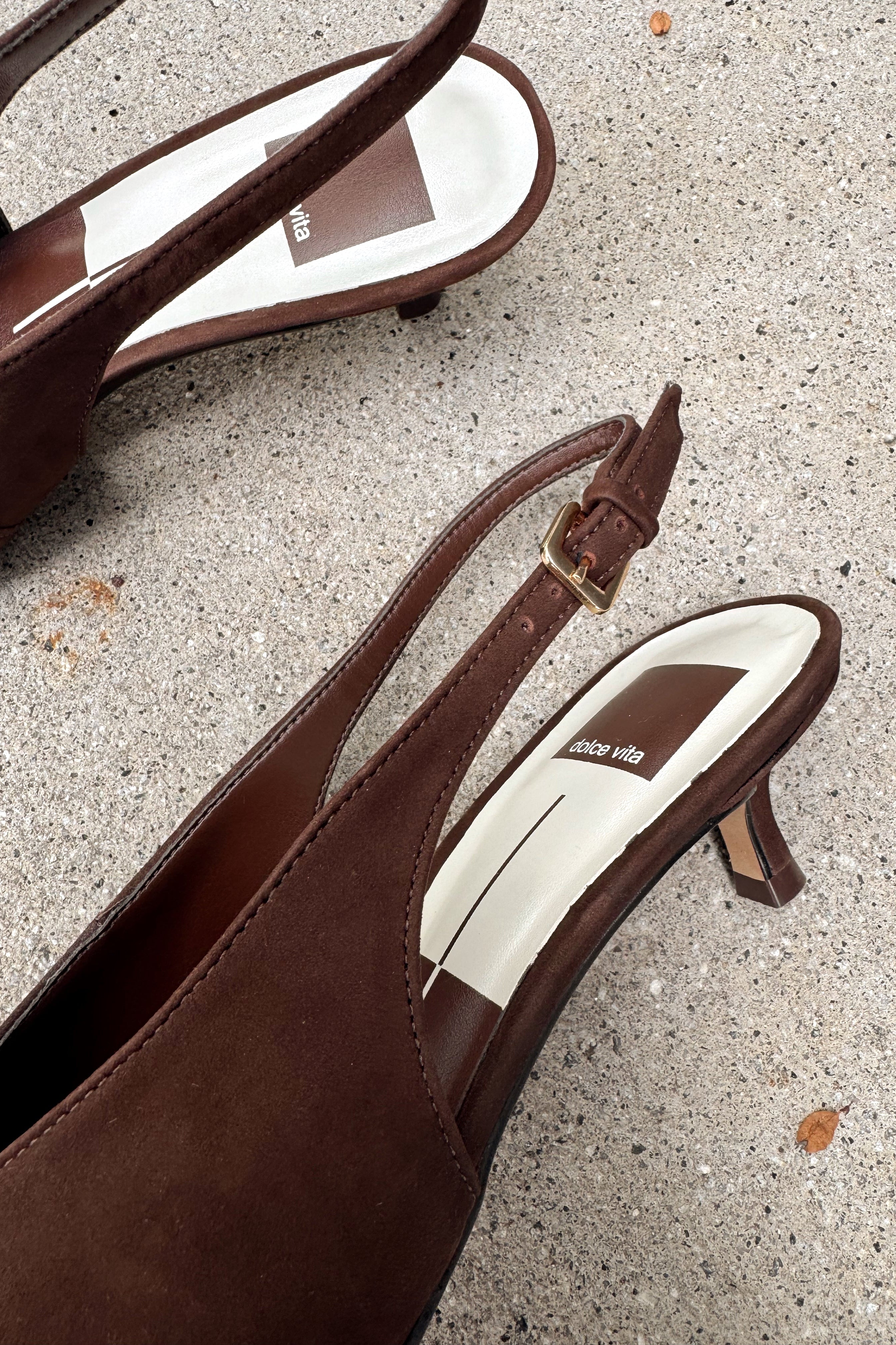 Dolce Vita Alenna Dark Brown Suede Heel - close up side view