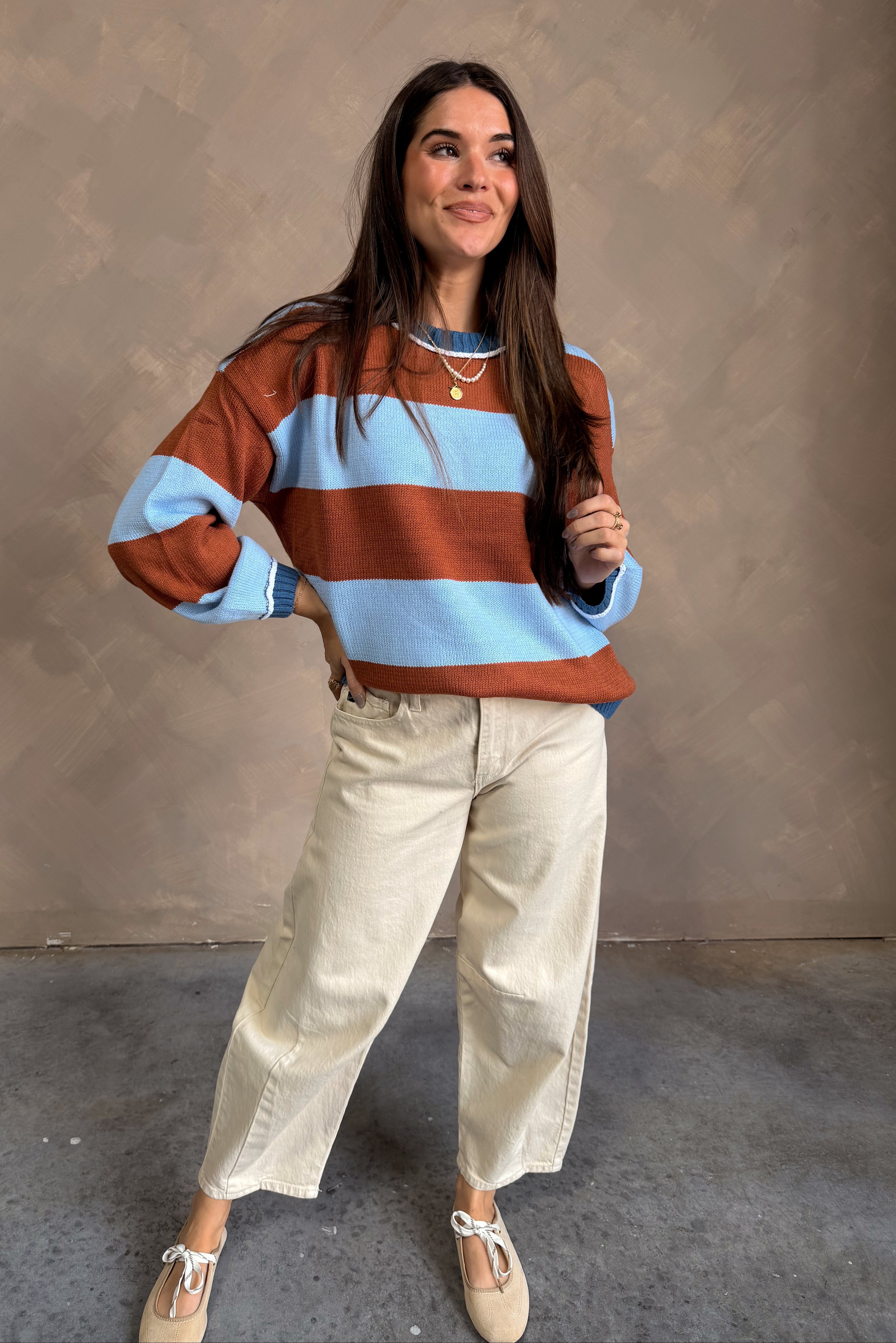Simone Blue & Rust Striped Sweater - full body front view
