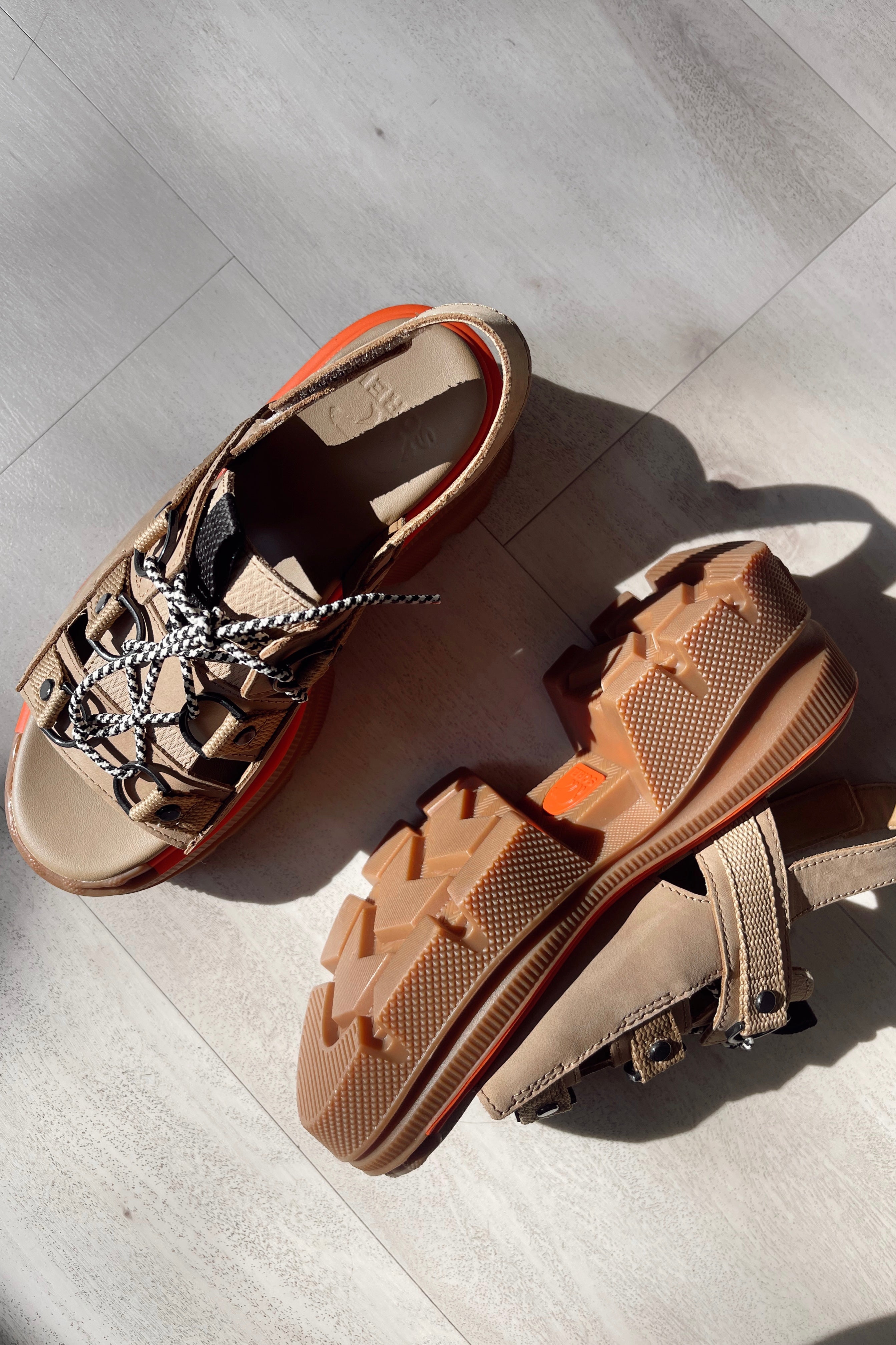 Sorel Rein Lace Brown & Black Platform Sandal- flat lay view