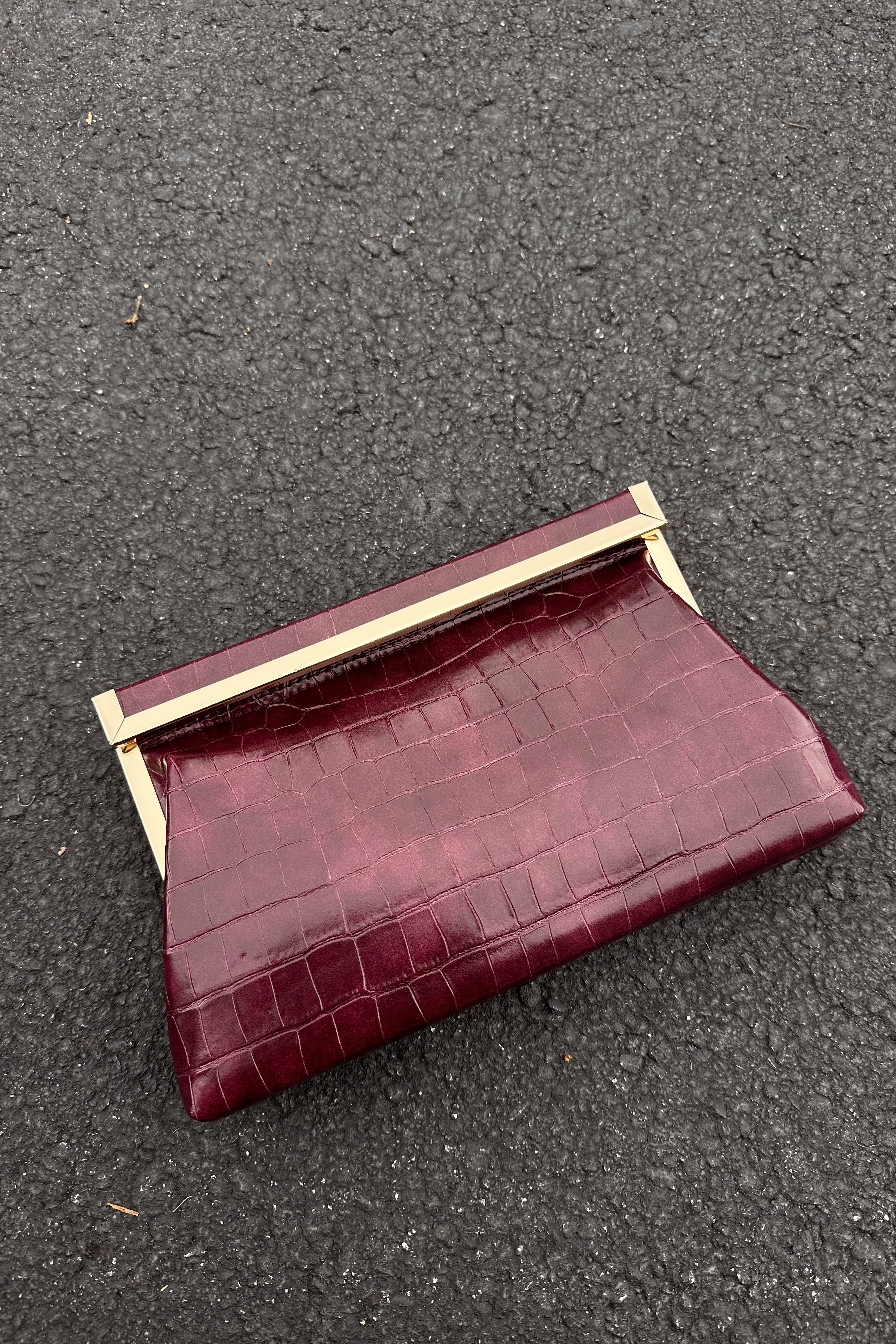 Drea Wine Croc & Gold Clutch Purse- flat lay view