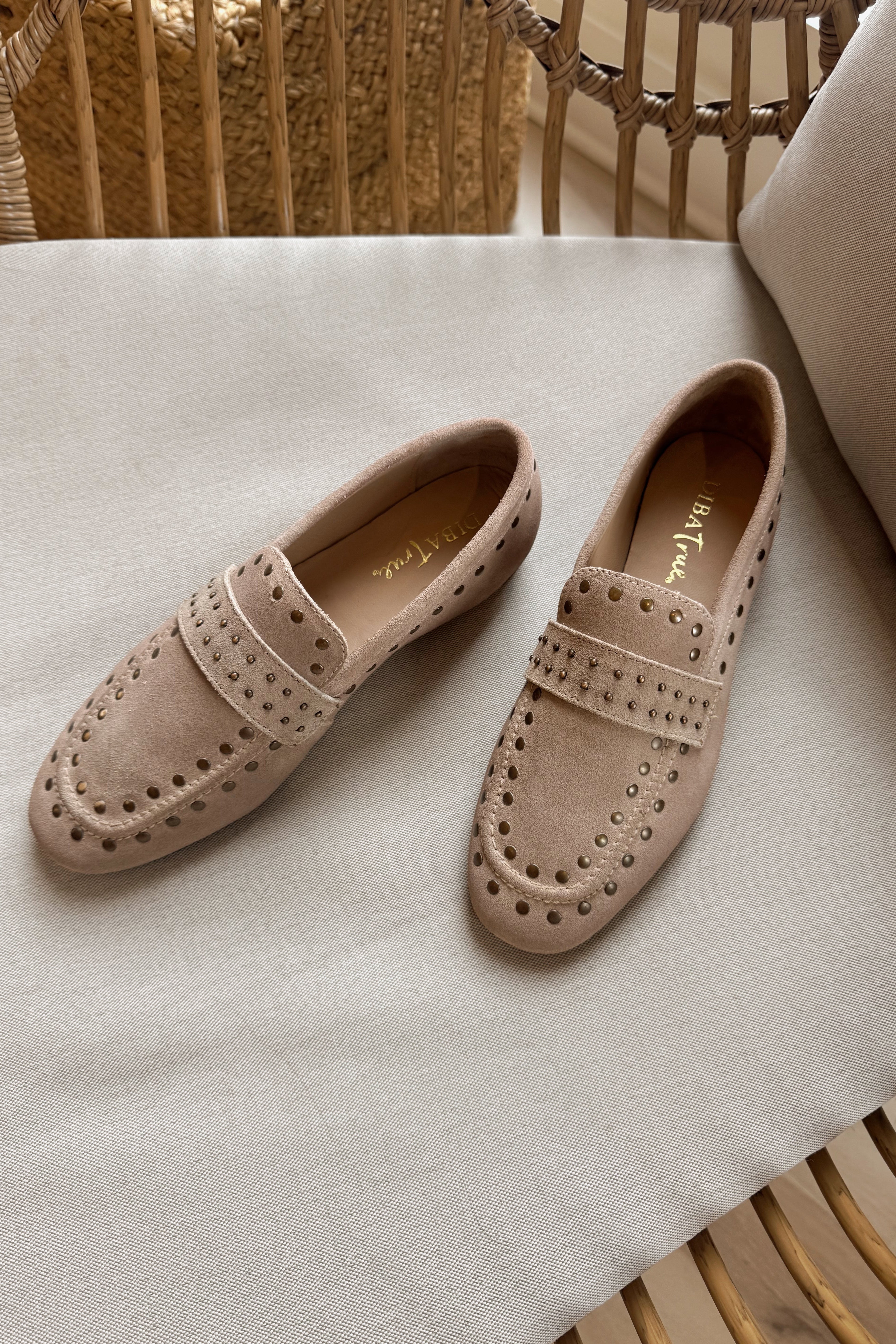 Diba True Can Yon Taupe Studded Suede Loafer- frontal flat lay view
