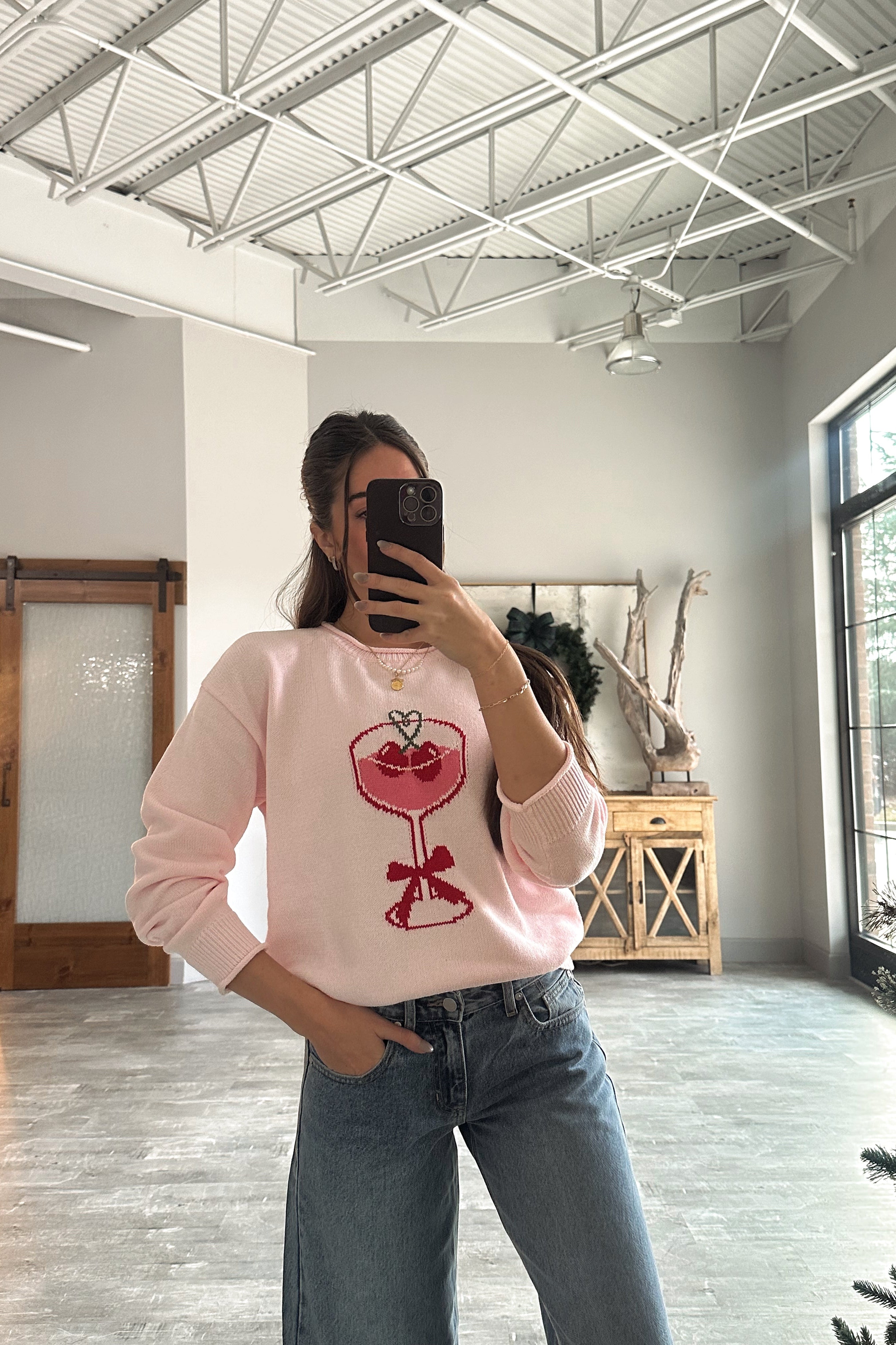 Eve Light Pink Cherry Martini Sweater - upper body front view