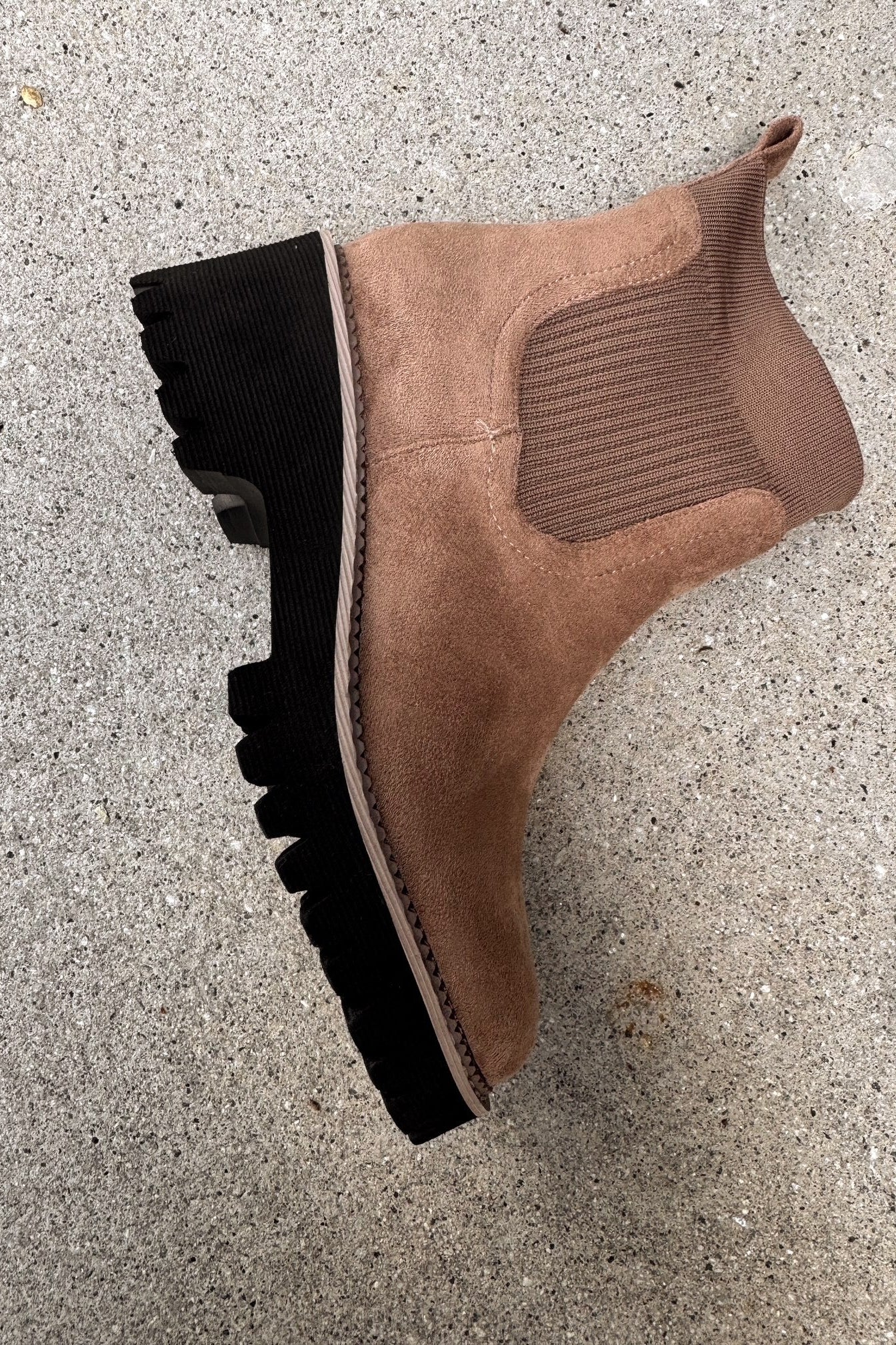Corkys Trail Mix Walnut Faux Suede Boots- close up side view