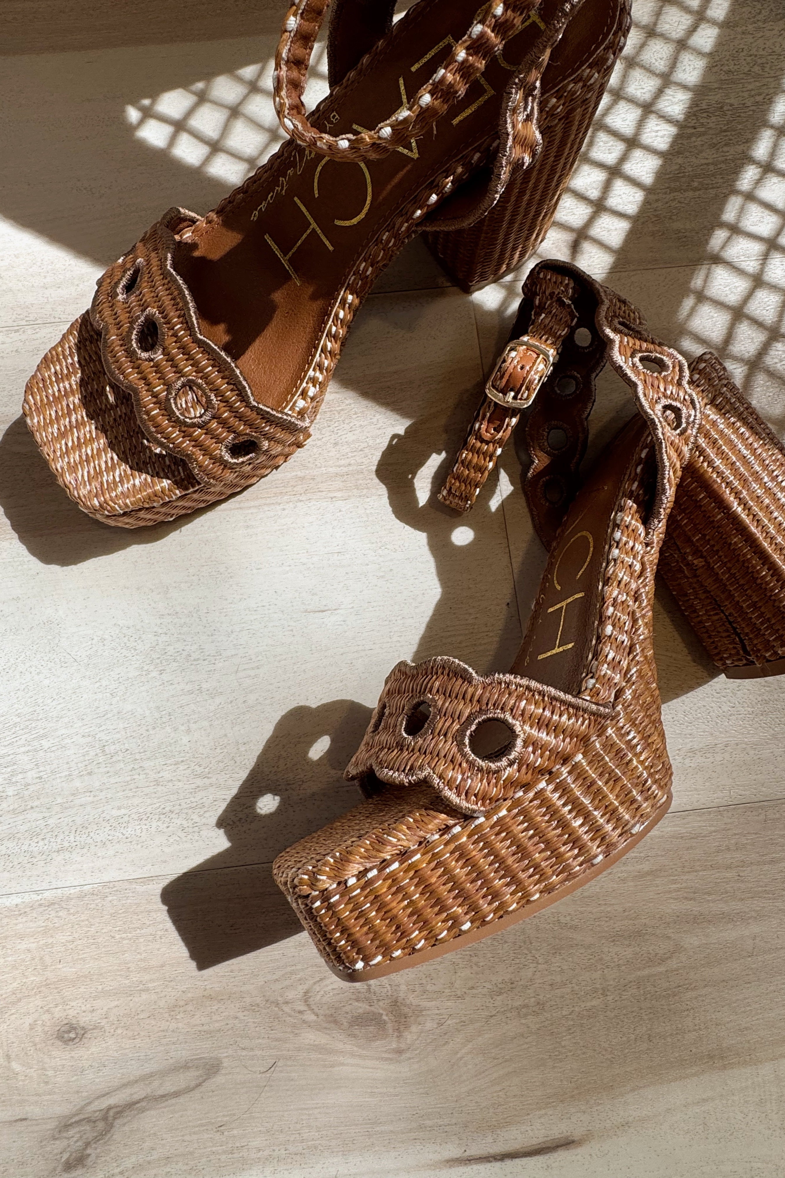 Beach by Matisse Moorea Raffia Cognac Block Heel Sandal- flat lay close up view