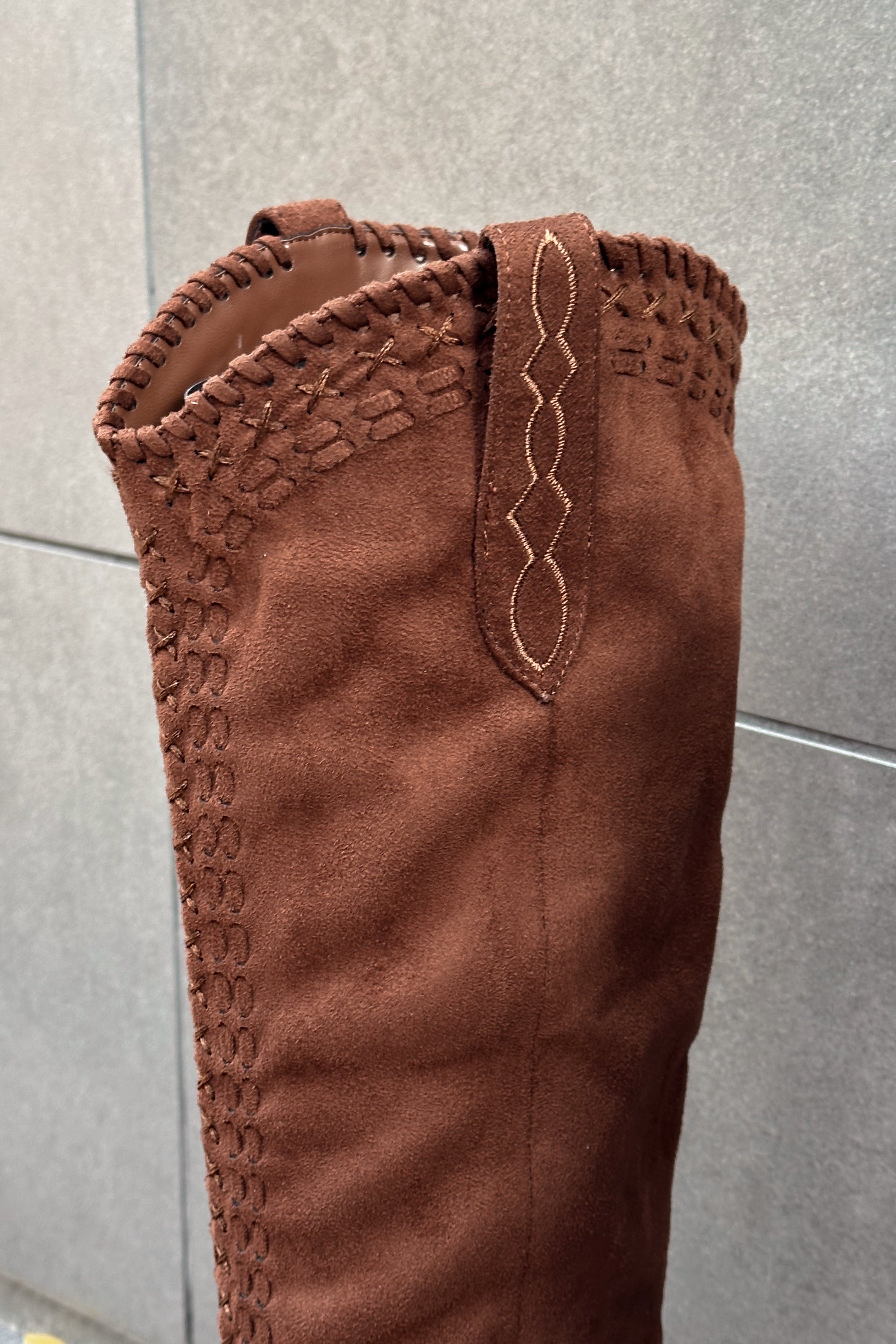 Billini Finley Brown Suede Tall Boot- front top view