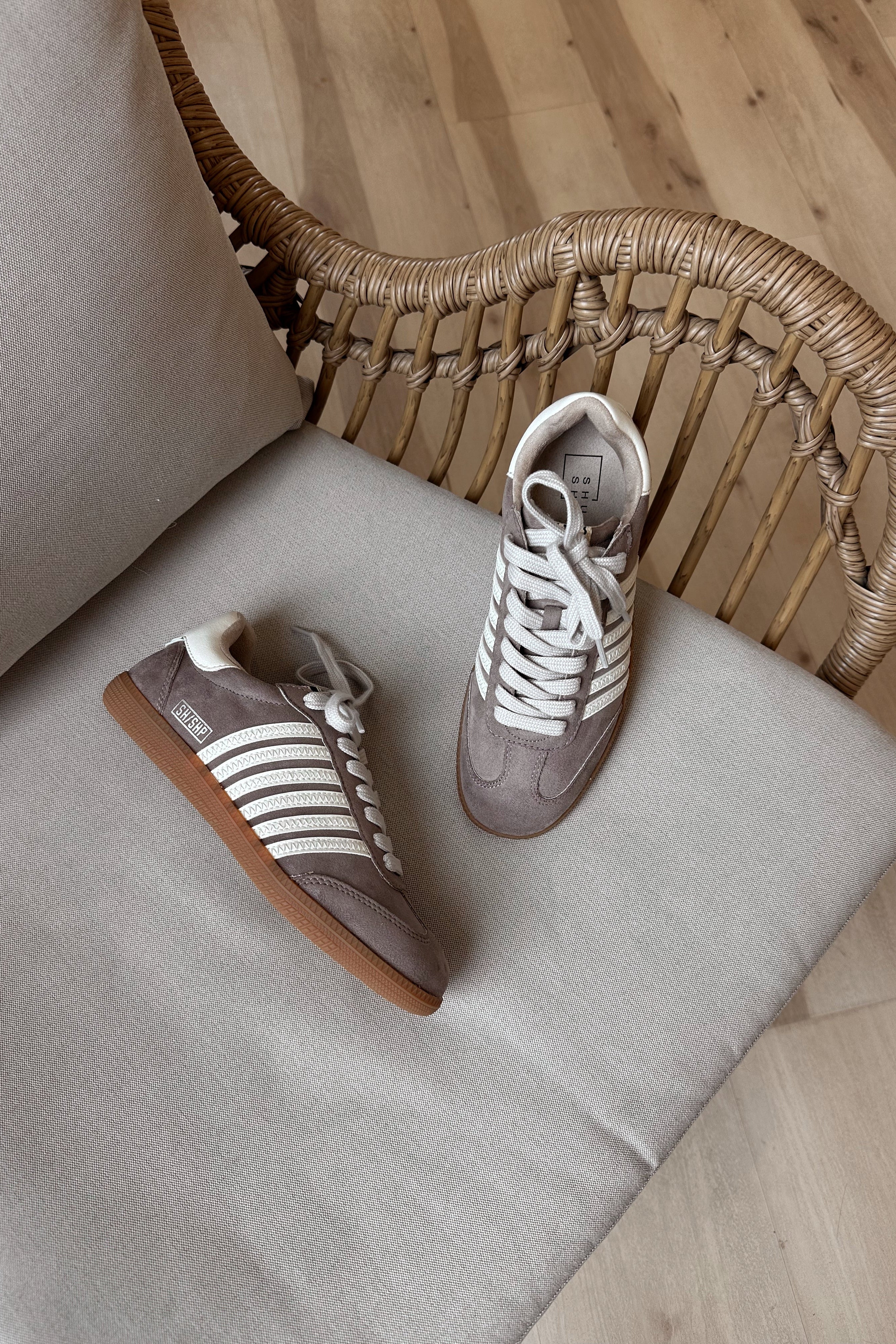 Shu Shop Stevie Taupe Suede Sneaker- front ariel view