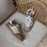 Shu Shop Stevie Taupe Suede Sneaker- front ariel view