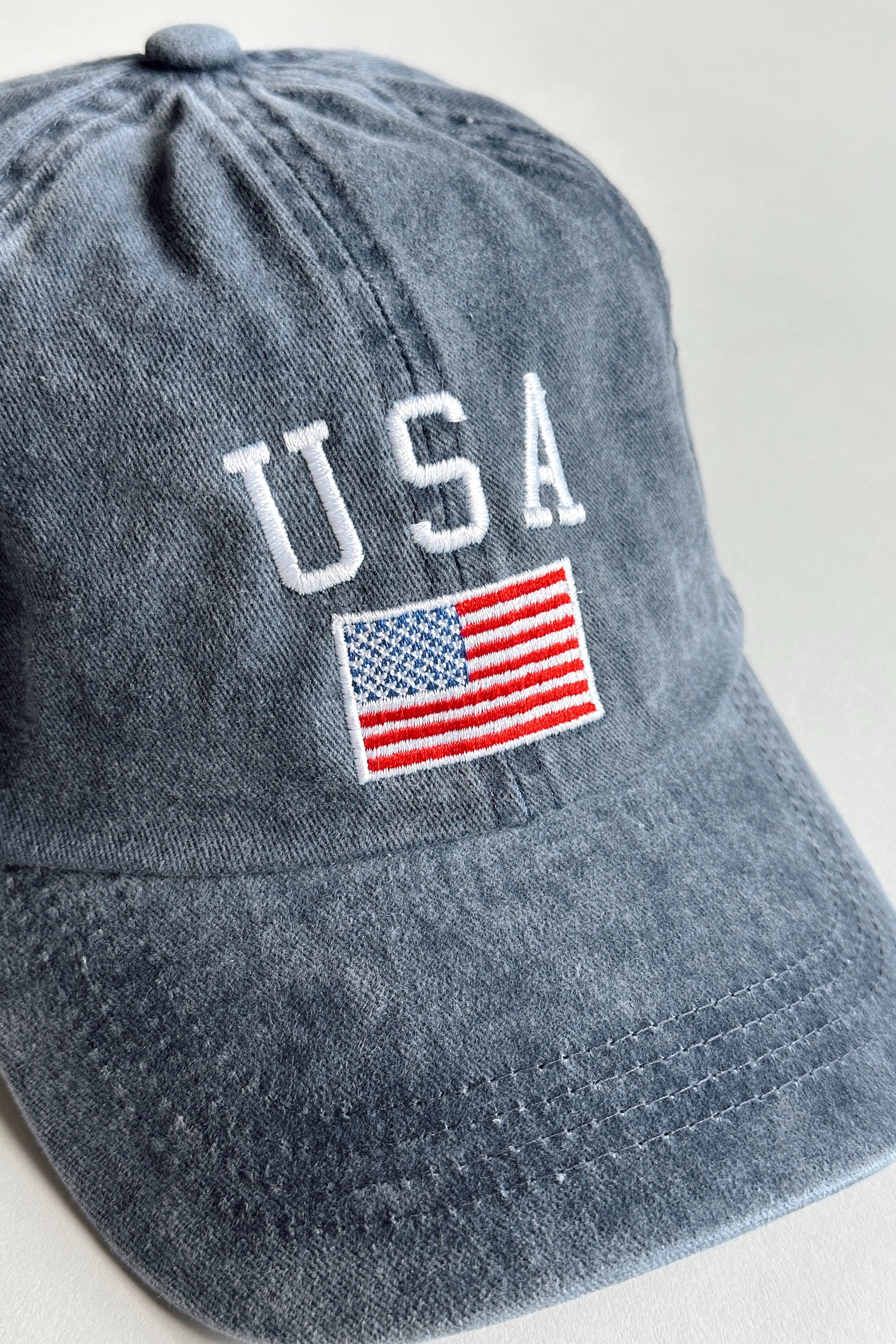 USA American Flag Washed Denim Baseball Hat- close up view