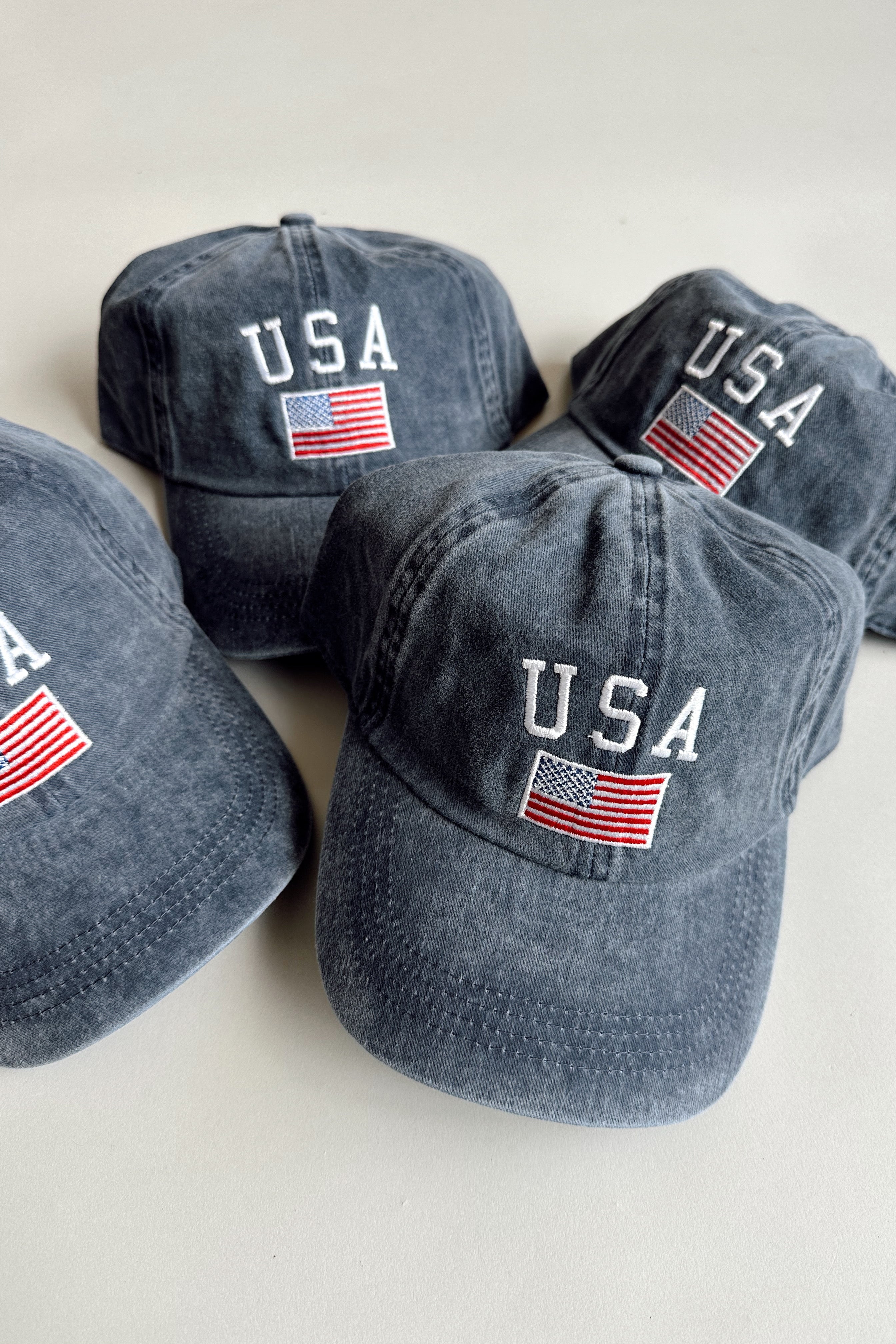 USA American Flag Washed Denim Baseball Hat- flat lay view