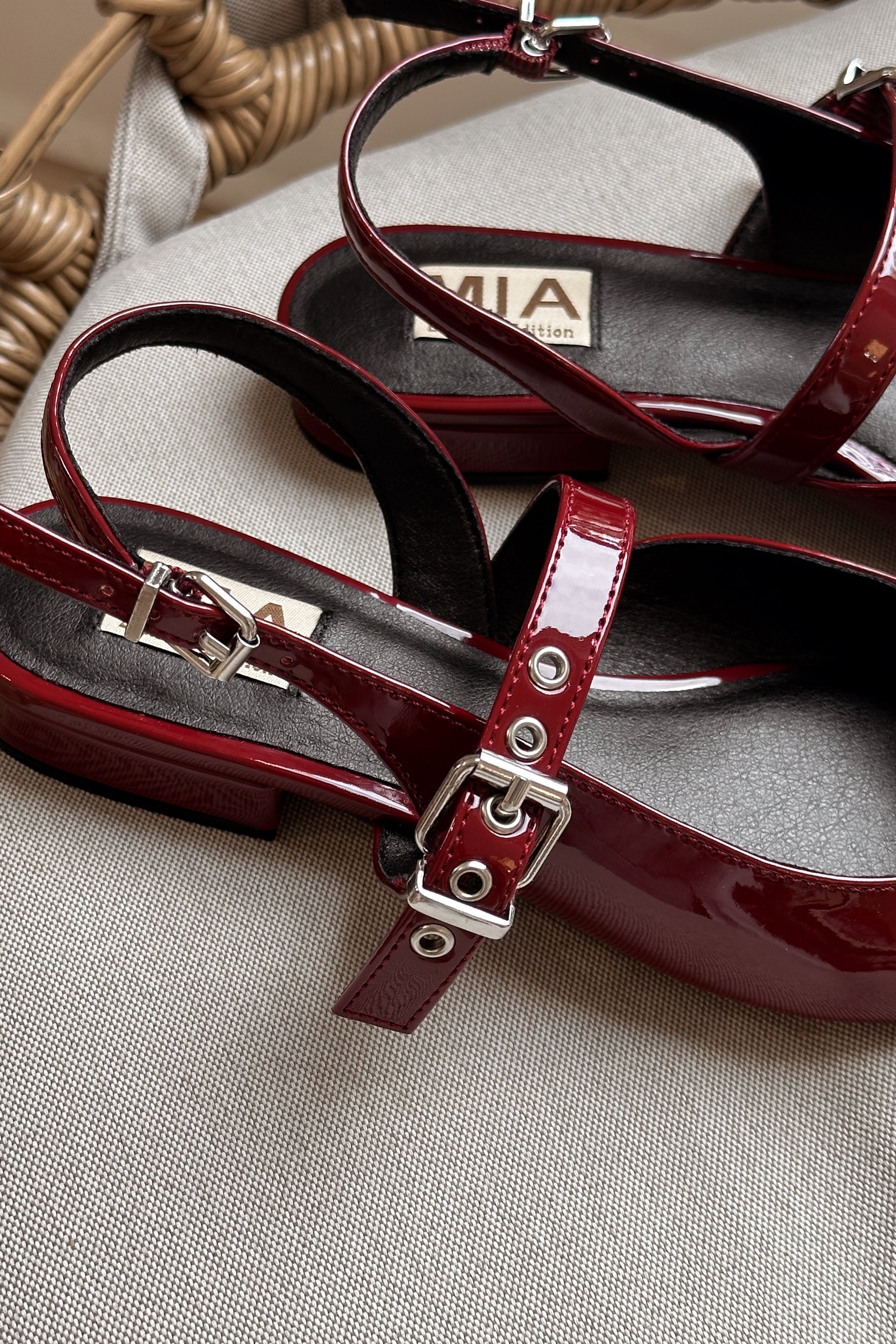 Mia Aree Burgundy Patent Leather Mule- close up frontal side view