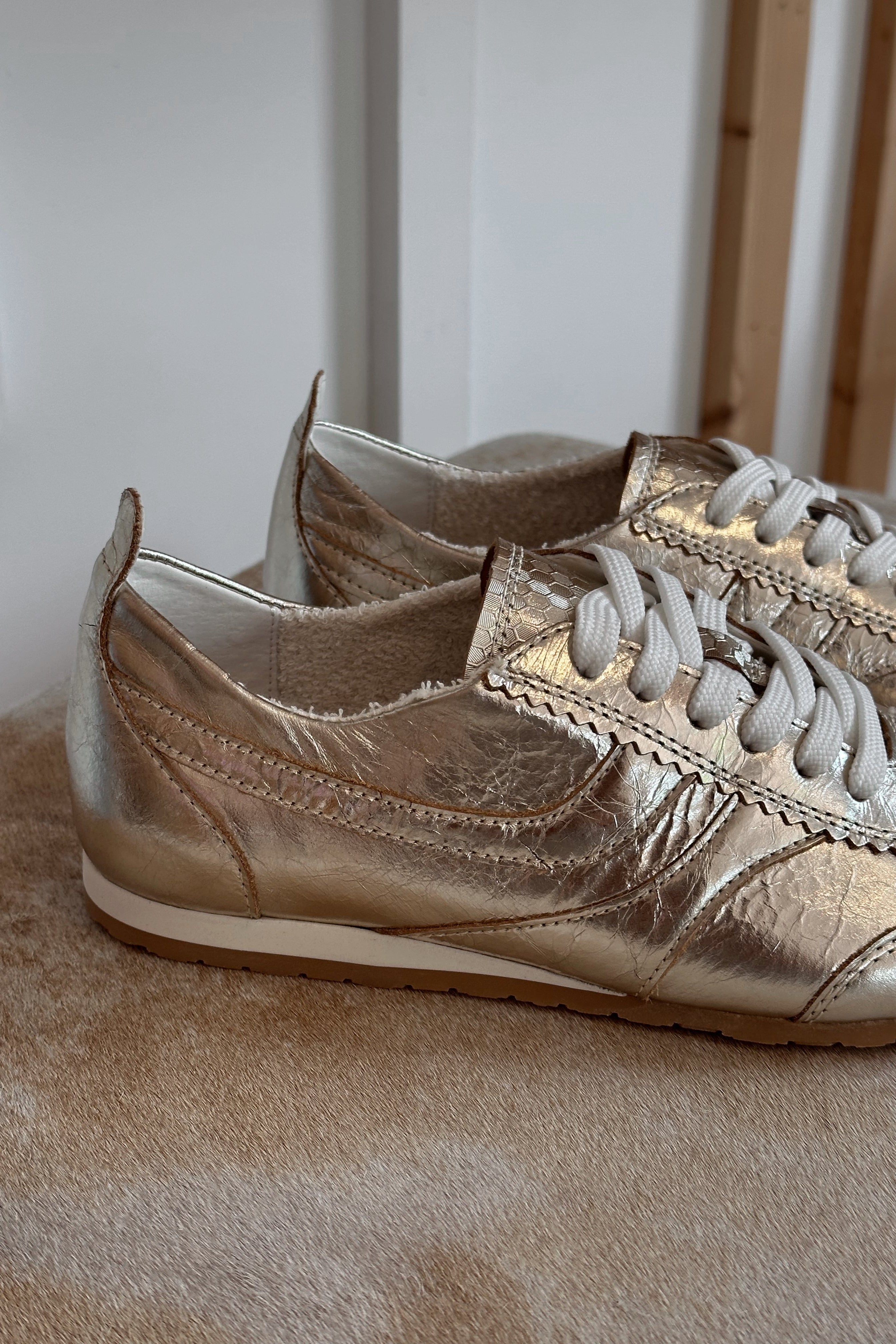 Dolce Vita Delany Light Gold Crinkle Patent Sneaker- back right side view